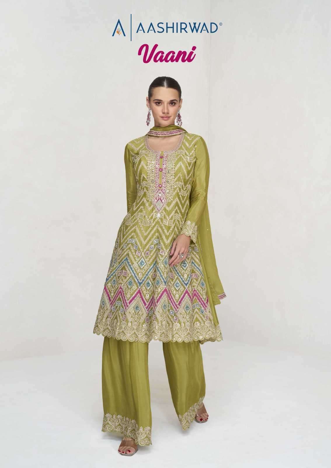 AASHIRWAD CREATION PRESENTS VAANI CHINNON SILK EXCLUSIVE PARTY WEAR SUITS FOR WOMEN CATALOG WHOLESALER 