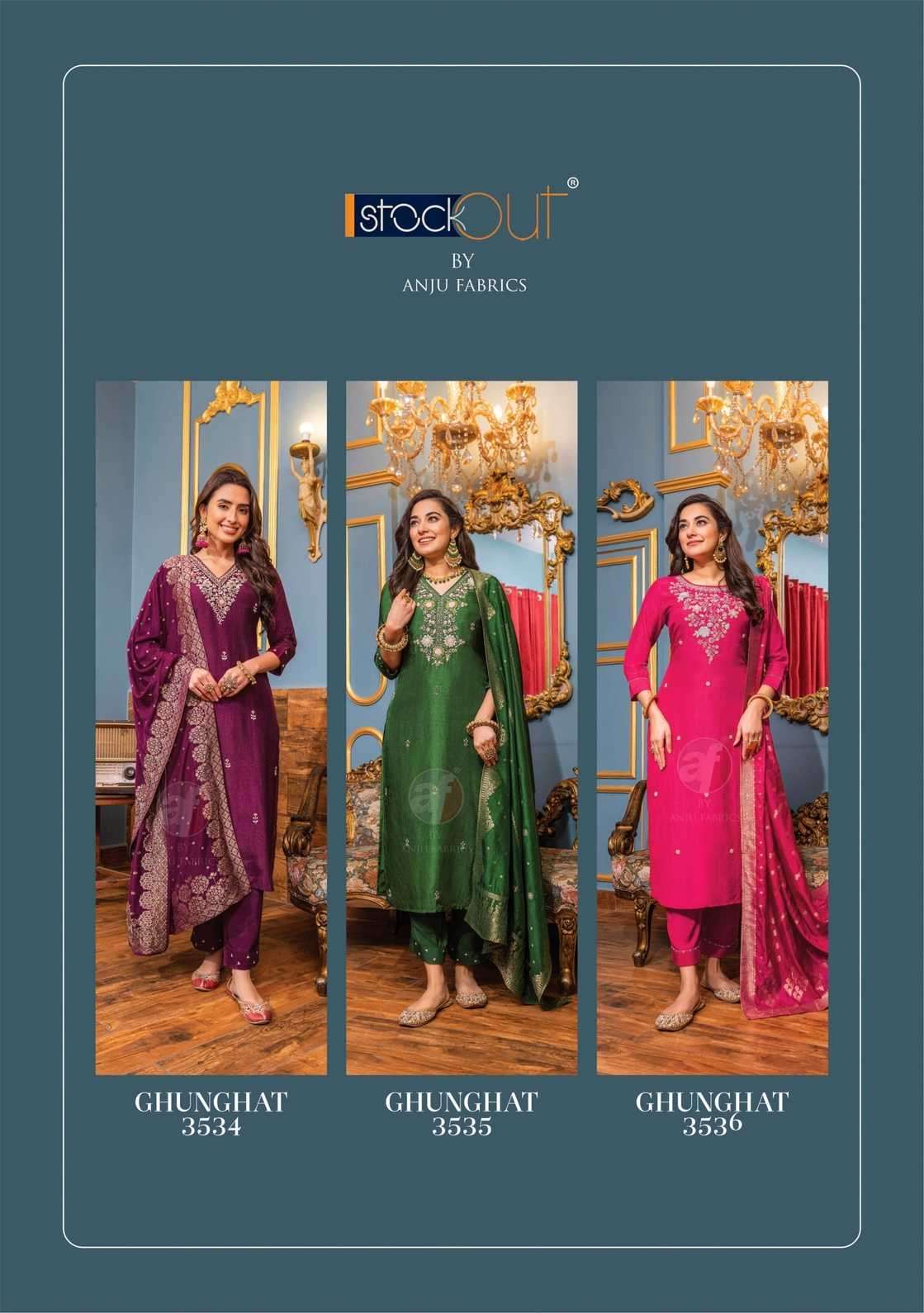 ANJU FAB PRESENTS GHUNGHAT VOL-10 DESIGNER AMAZING HANDWORK KURTI WITH PANT AND DUPATTA CATALOG WHOLESALER AND EXPORTER IN SURAT