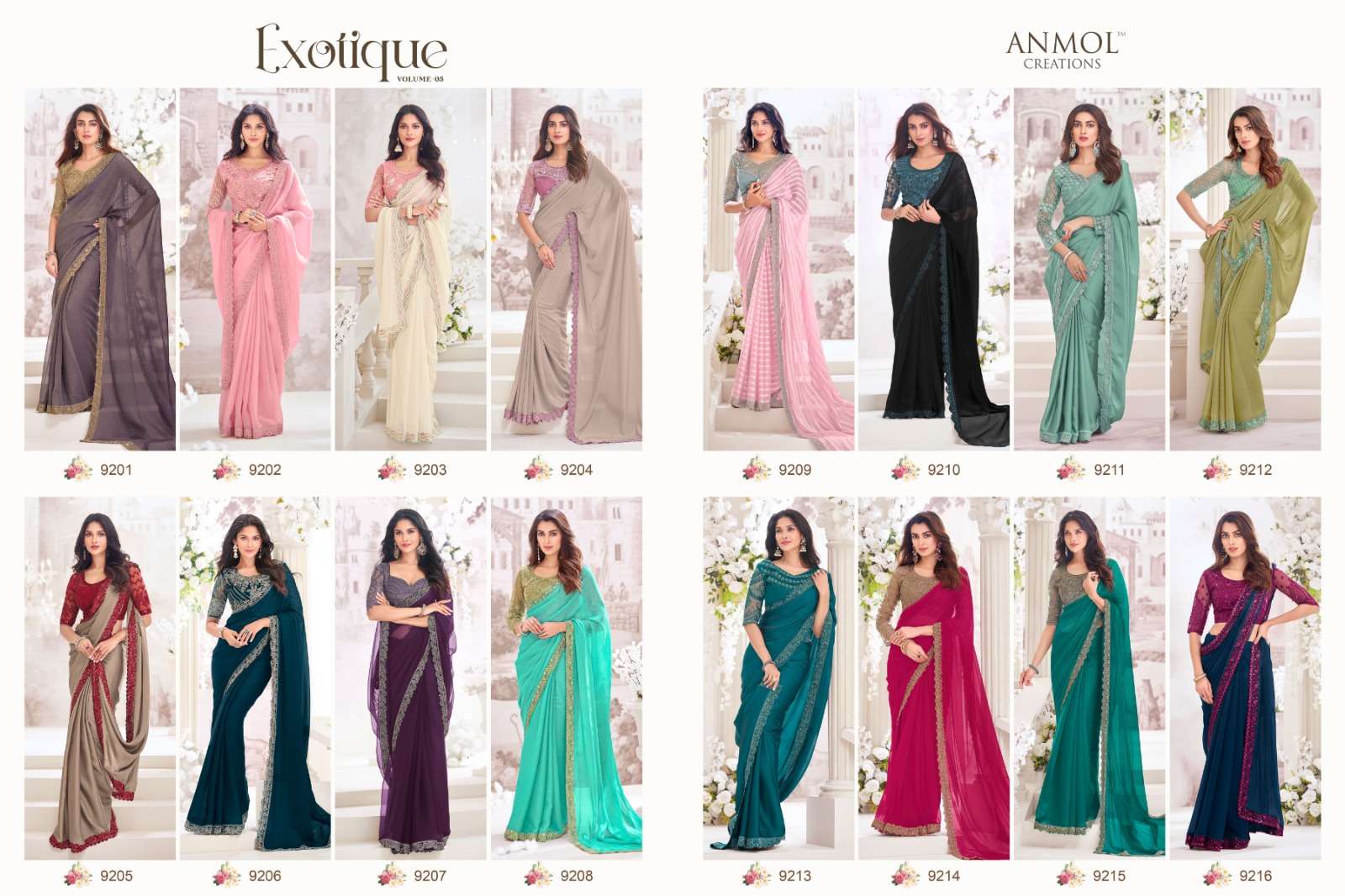 ANMOL PRESENTS EXOTIQUE VOL-5 DESIGNER PARTY WEAR SAREES CATALOG WHOLESALER AND EXPORTER IN SURAT