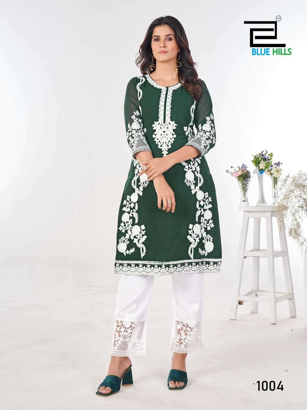 BLUE HILLS PRESENTS AHANA FULL STITCH CLASSIC LOOK GEORGETTE LONG KURTI CATALOG WHOLESALER AND EXPORTER IN SURAT