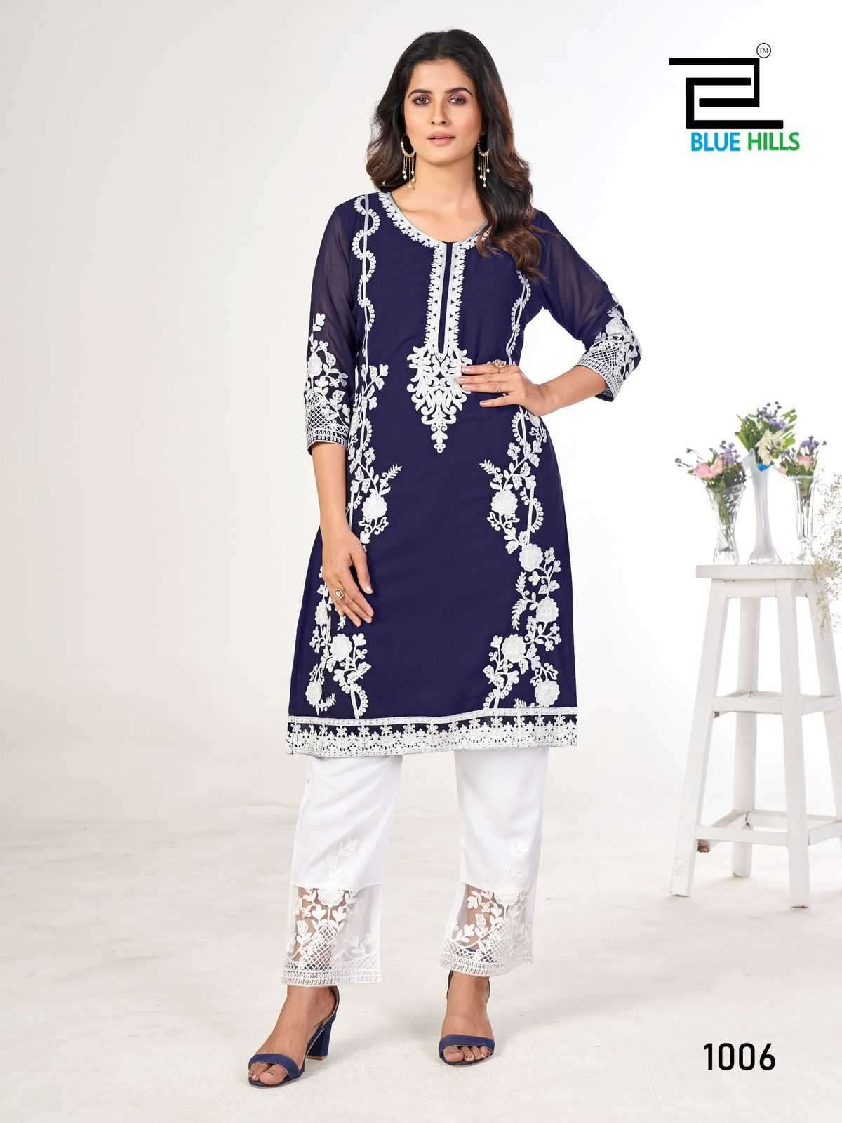 BLUE HILLS PRESENTS AHANA FULL STITCH CLASSIC LOOK GEORGETTE LONG KURTI CATALOG WHOLESALER AND EXPORTER IN SURAT