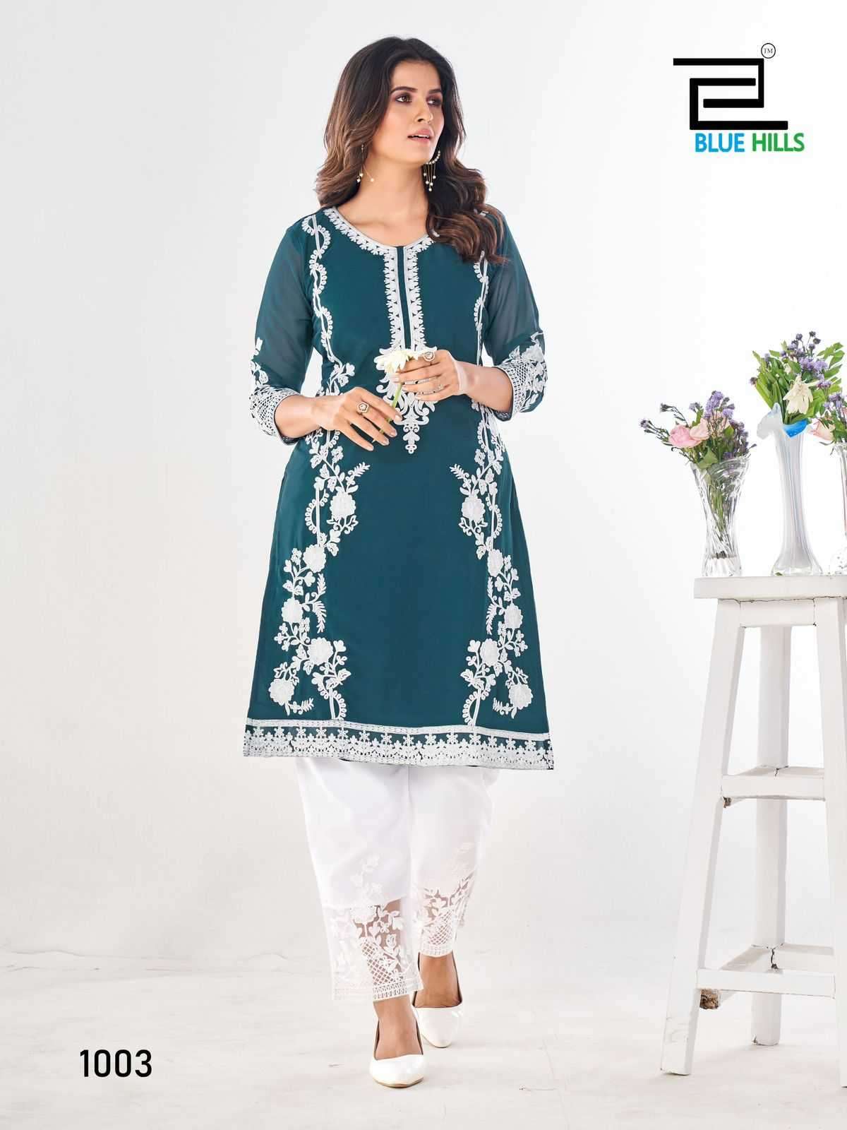 BLUE HILLS PRESENTS AHANA FULL STITCH CLASSIC LOOK GEORGETTE LONG KURTI CATALOG WHOLESALER AND EXPORTER IN SURAT