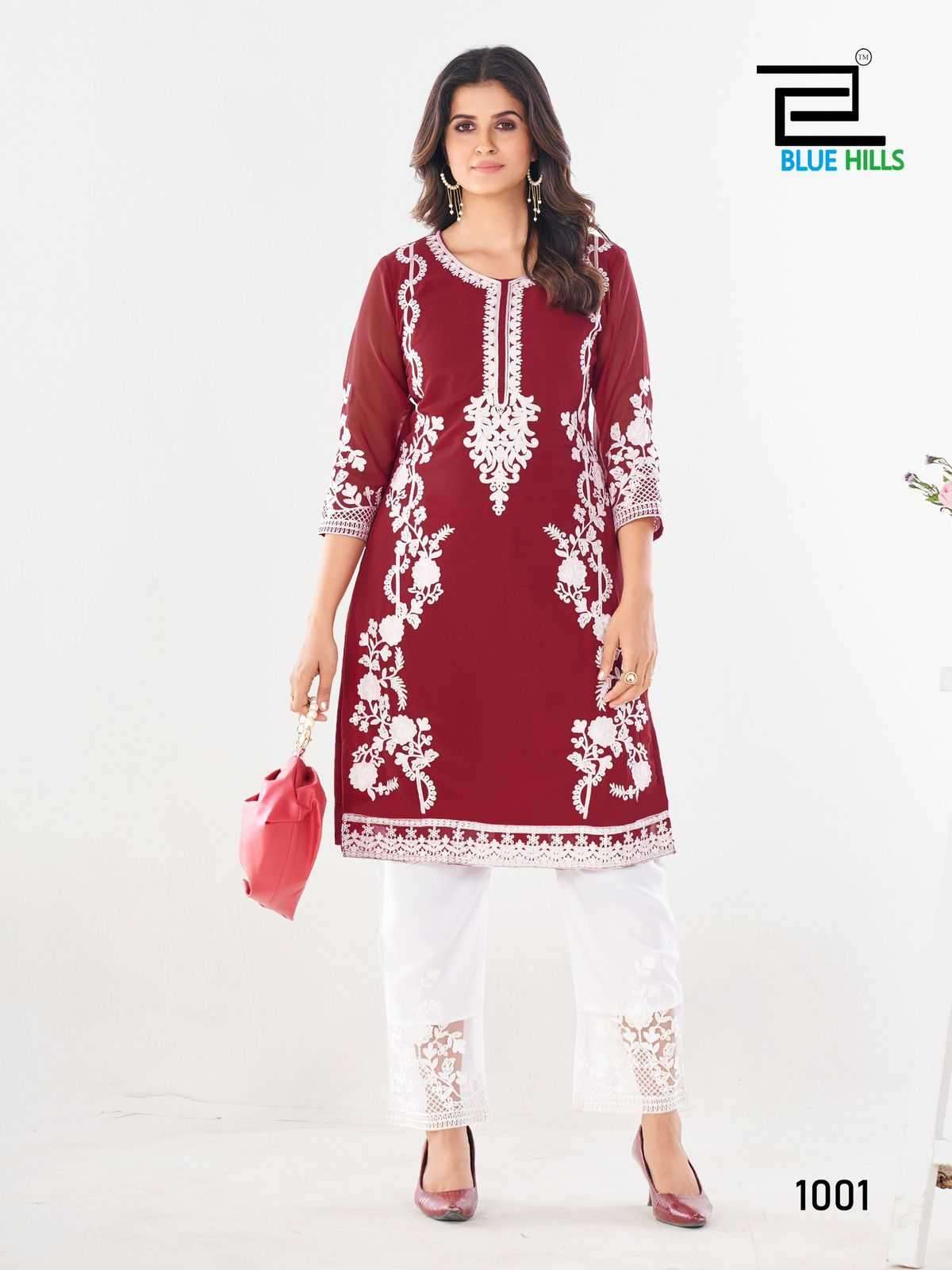 BLUE HILLS PRESENTS AHANA FULL STITCH CLASSIC LOOK GEORGETTE LONG KURTI CATALOG WHOLESALER AND EXPORTER IN SURAT