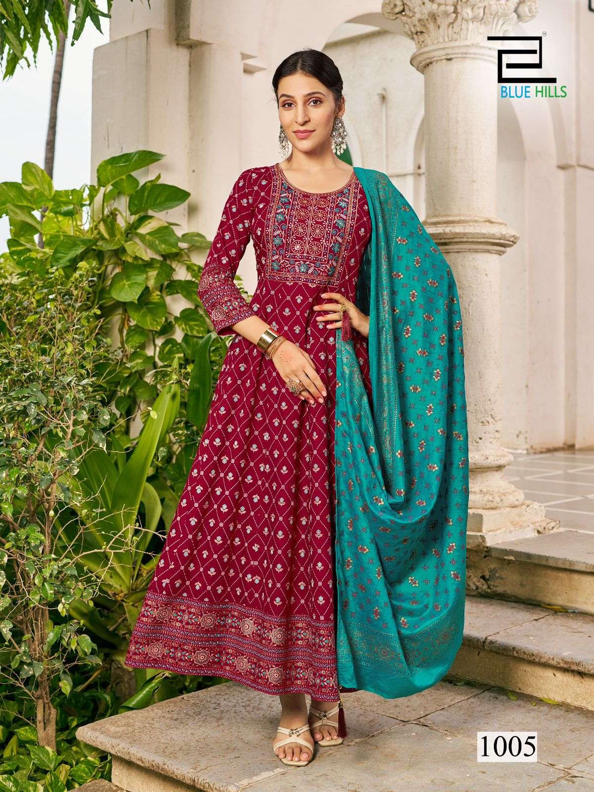 BLUE HILLS PRESENTS SENORITA SPECIAL RAYON PRINTED KURTI WITH DUPPATA CATALOG WHOLESALER AND EXPORTER IN SURAT