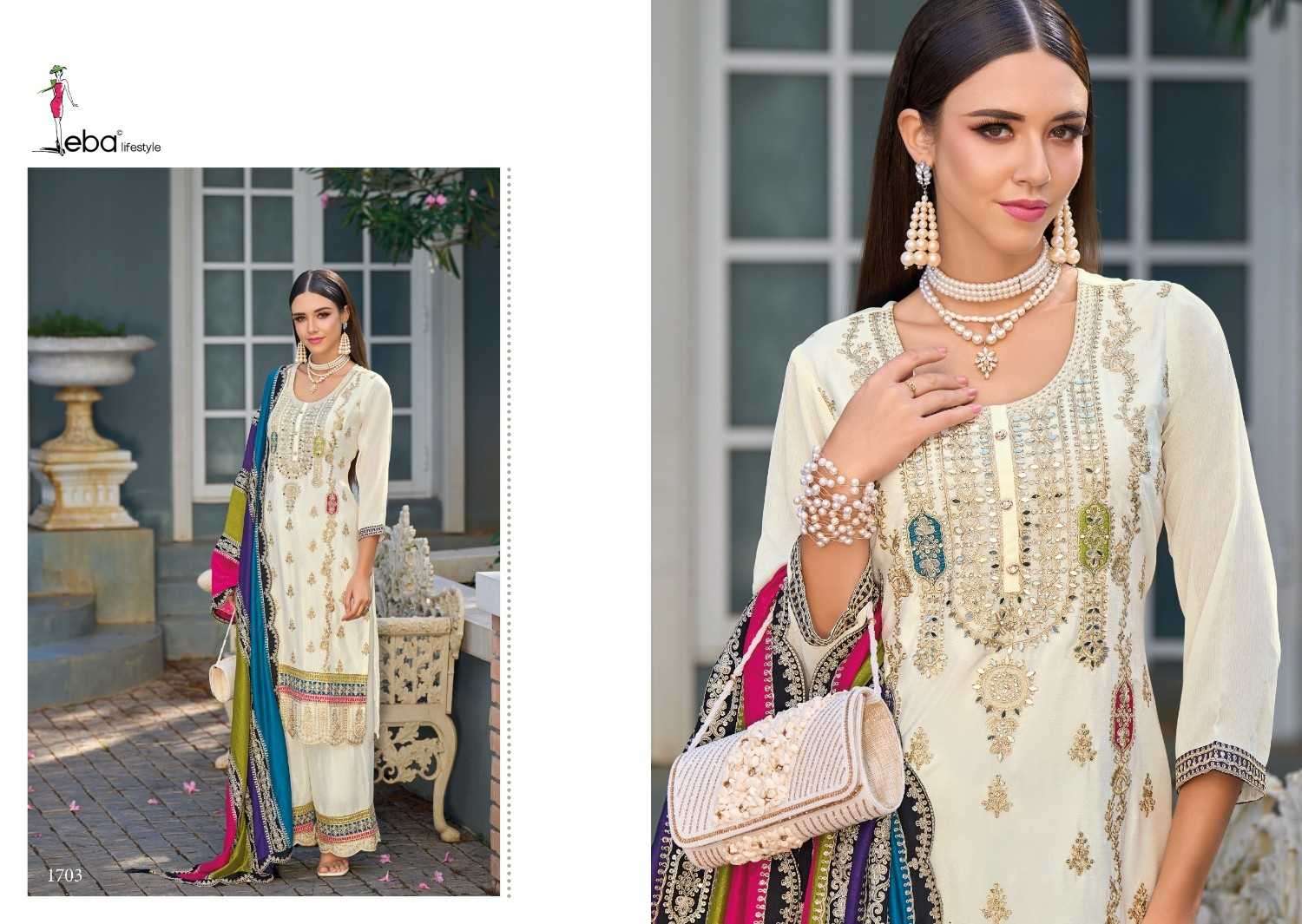 EBA LIFESTYLE PRESENTS MERUB EMBROIDERY WORK FULLSTITCH PAKISTANI SALWAR SUITS CATALOG WHOLESALER AND EXPORTER IN SUIRAT
