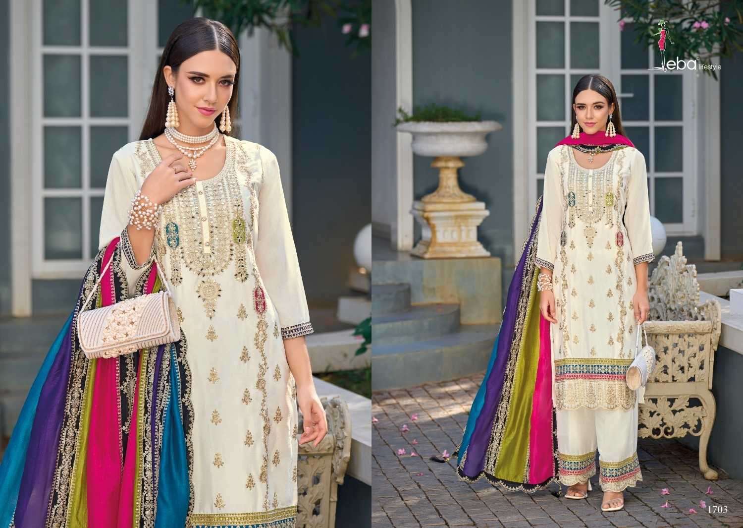 EBA LIFESTYLE PRESENTS MERUB EMBROIDERY WORK FULLSTITCH PAKISTANI SALWAR SUITS CATALOG WHOLESALER AND EXPORTER IN SUIRAT