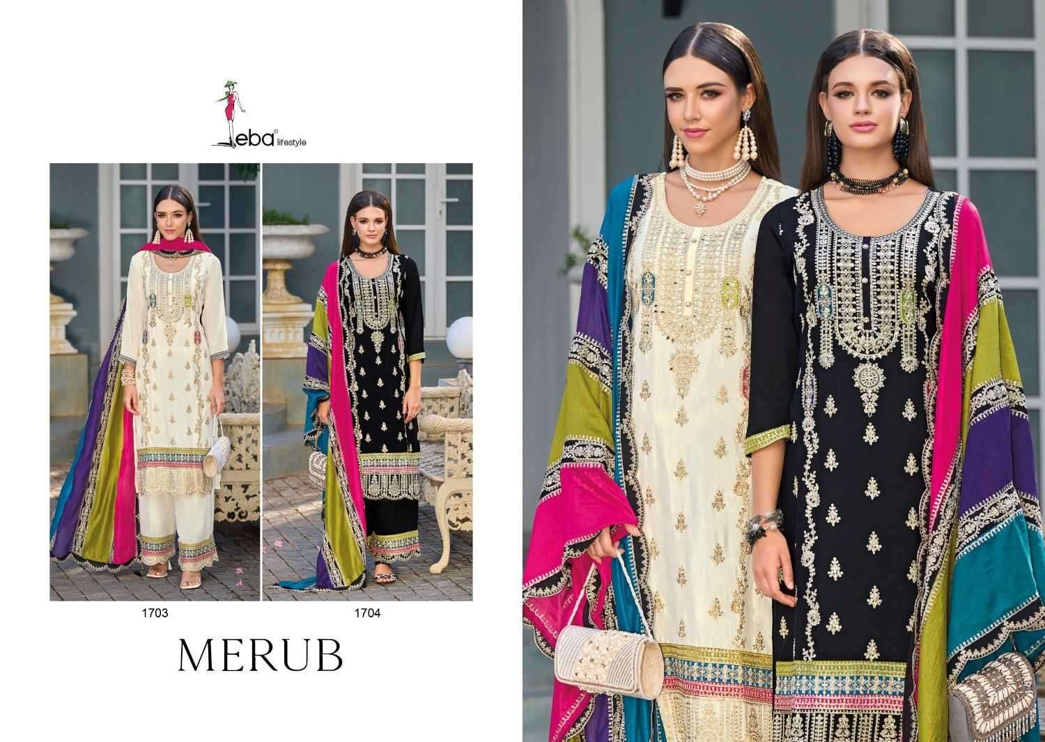 EBA LIFESTYLE PRESENTS MERUB EMBROIDERY WORK FULLSTITCH PAKISTANI SALWAR SUITS CATALOG WHOLESALER AND EXPORTER IN SUIRAT