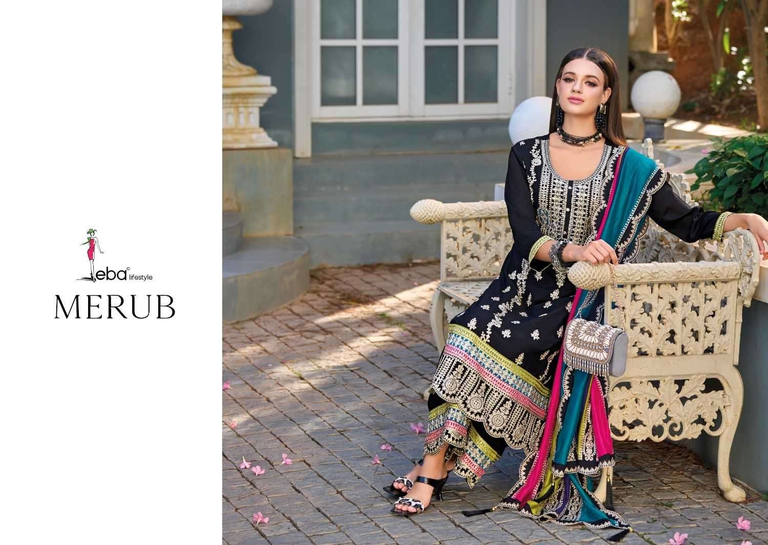 EBA LIFESTYLE PRESENTS MERUB EMBROIDERY WORK FULLSTITCH PAKISTANI SALWAR SUITS CATALOG WHOLESALER AND EXPORTER IN SUIRAT
