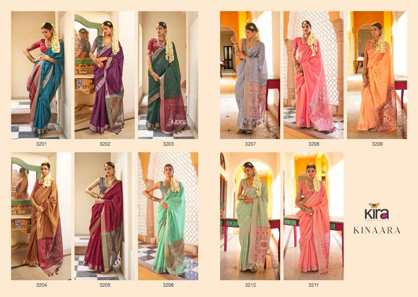 KIRA CREATION PRESENTS KINAARA TUSSER LINEN TRENDY SAREES CATALOG WHOLESALER AND EXPORTER 
