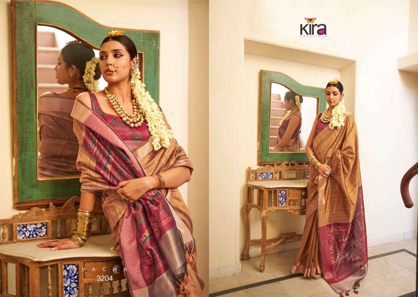 KIRA CREATION PRESENTS KINAARA TUSSER LINEN TRENDY SAREES CATALOG WHOLESALER AND EXPORTER 