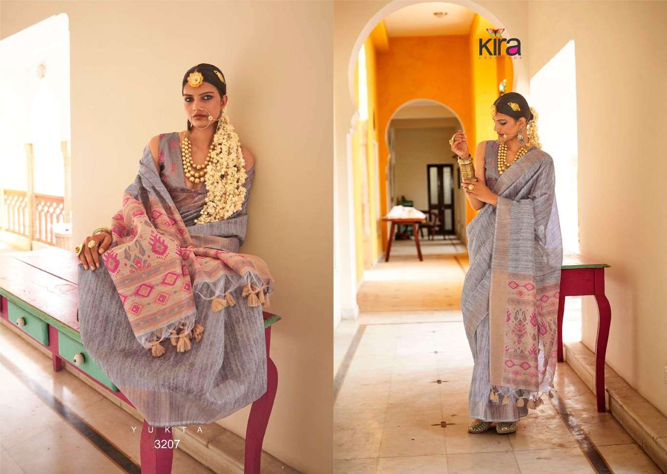 KIRA CREATION PRESENTS KINAARA TUSSER LINEN TRENDY SAREES CATALOG WHOLESALER AND EXPORTER 