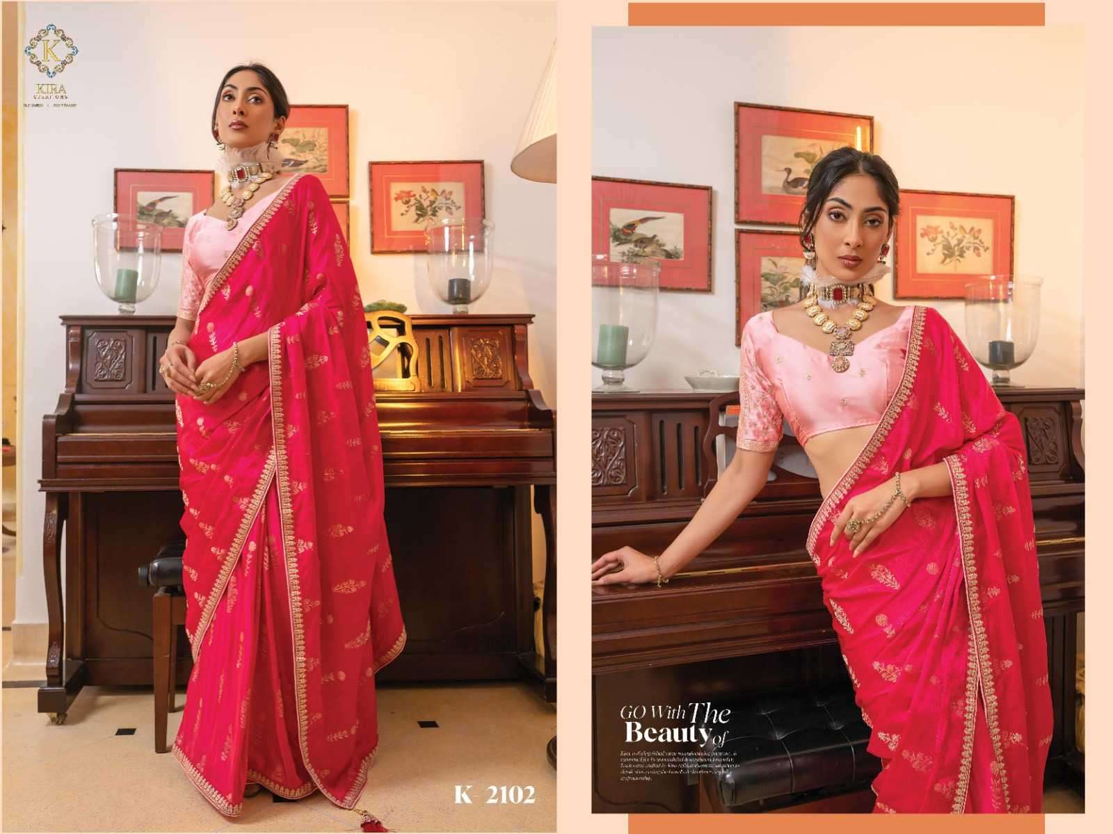 KIRA PRESENTS KAMYA VOL-2 VISCOSE SATIN SILK PARTY WEAR SAREE FOR WOMEN CATALOG WHOLESALER AND EXPORTER IN SURAT