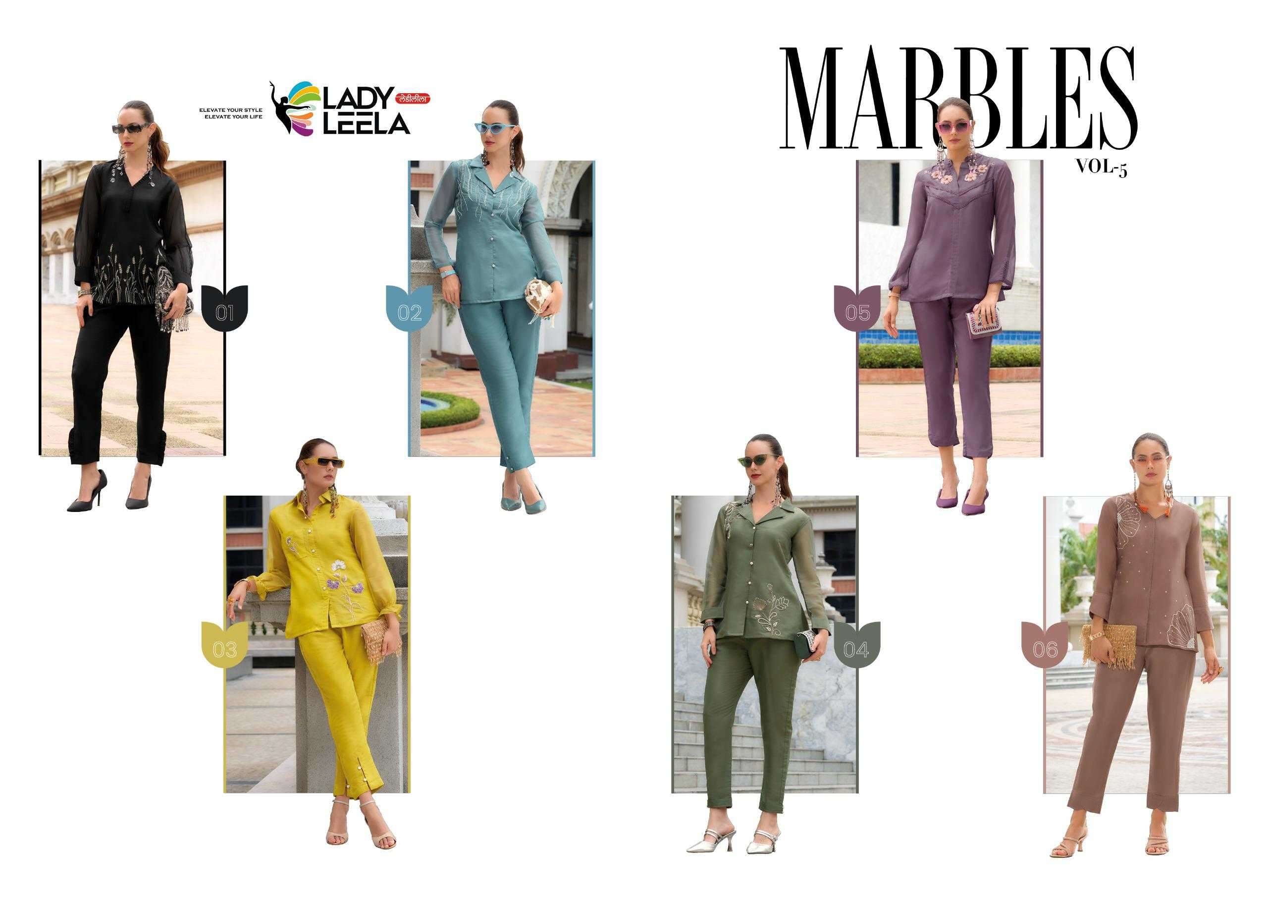 LADY LEELA PRESENTS MARBLES VOL-5 READYMADE VISCOSE ORGANZA CLASSIC LOOK CO-ORDS CATALOG WHOLESALER AND EXPORTER IN SURAT