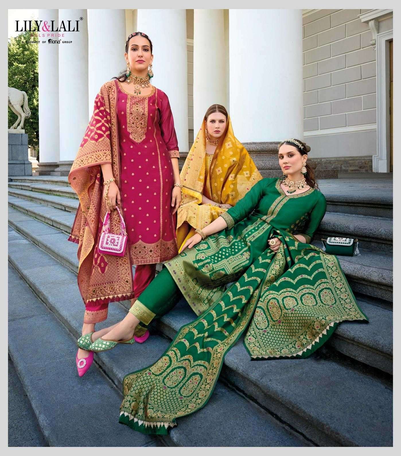 LILY & LALI PRESENTS SILKYNESS VOL-2 ORGANZA JACQUARD FULL STITCH PARTY WEAR SUITS FOR WOMEN CATALOG WHOLESALER AND EXPORTER 