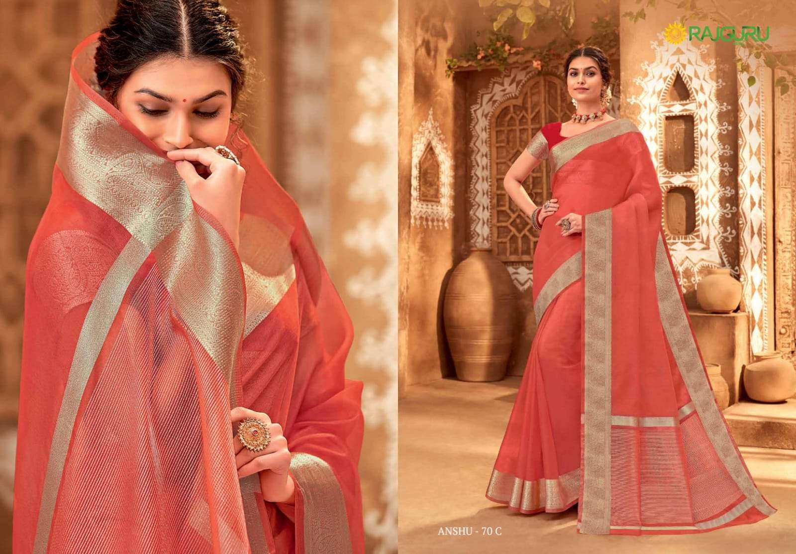 RAJGURU PRESENTS ANSHU COPPER-70 DESIGNER FANCY SILK SAREES CATALOG WHOLESALER AND EXPORTER IN SURAT