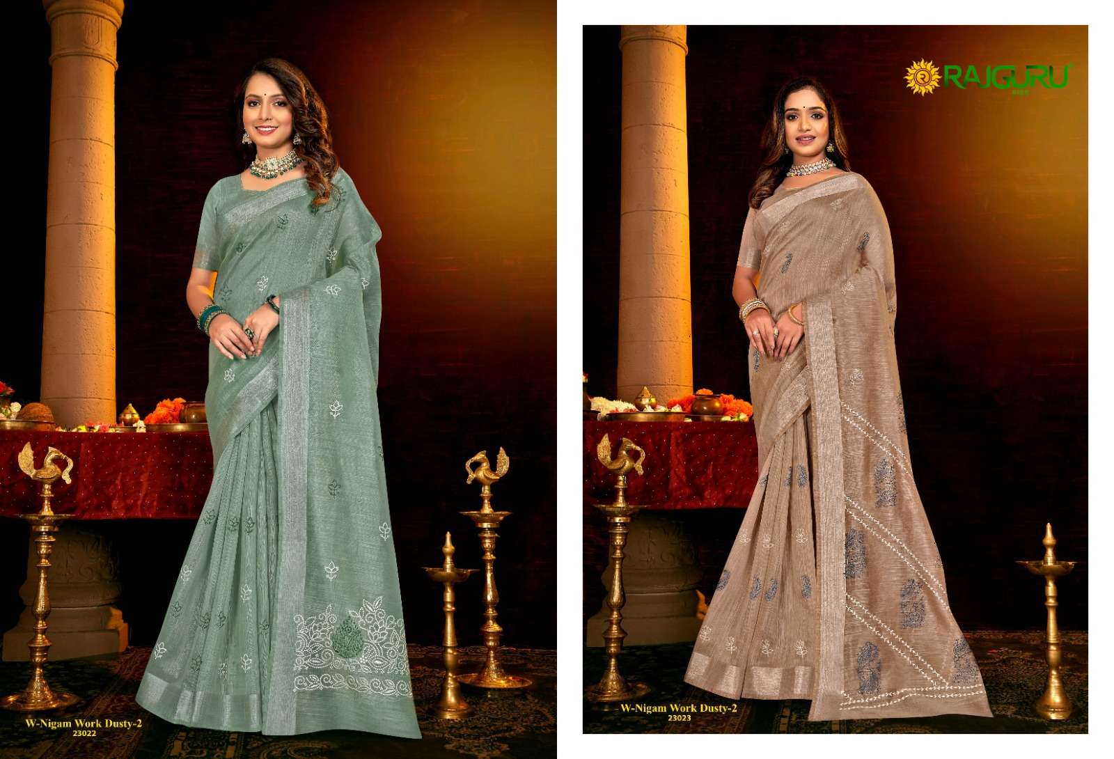 RAJGURU PRESENTS NIGAM WORK DUSTY-2 DESIGNER FANCY SAREES WITH DOUBLE BLOUSE CATALOG WHOLESALER AND EXPORTER IN SURAT 