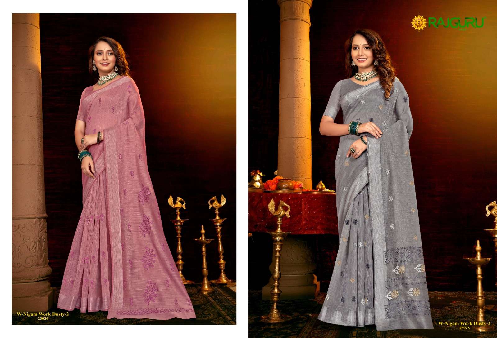 RAJGURU PRESENTS NIGAM WORK DUSTY-2 DESIGNER FANCY SAREES WITH DOUBLE BLOUSE CATALOG WHOLESALER AND EXPORTER IN SURAT 