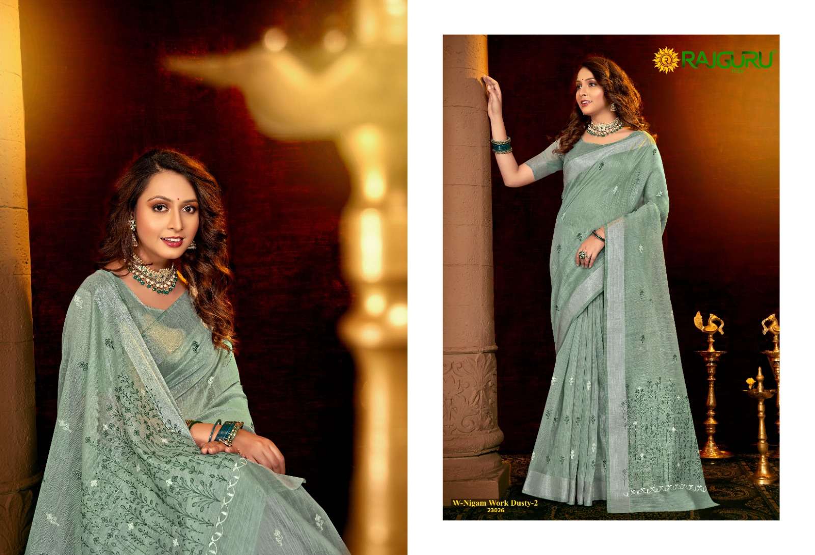 RAJGURU PRESENTS NIGAM WORK DUSTY-2 DESIGNER FANCY SAREES WITH DOUBLE BLOUSE CATALOG WHOLESALER AND EXPORTER IN SURAT 