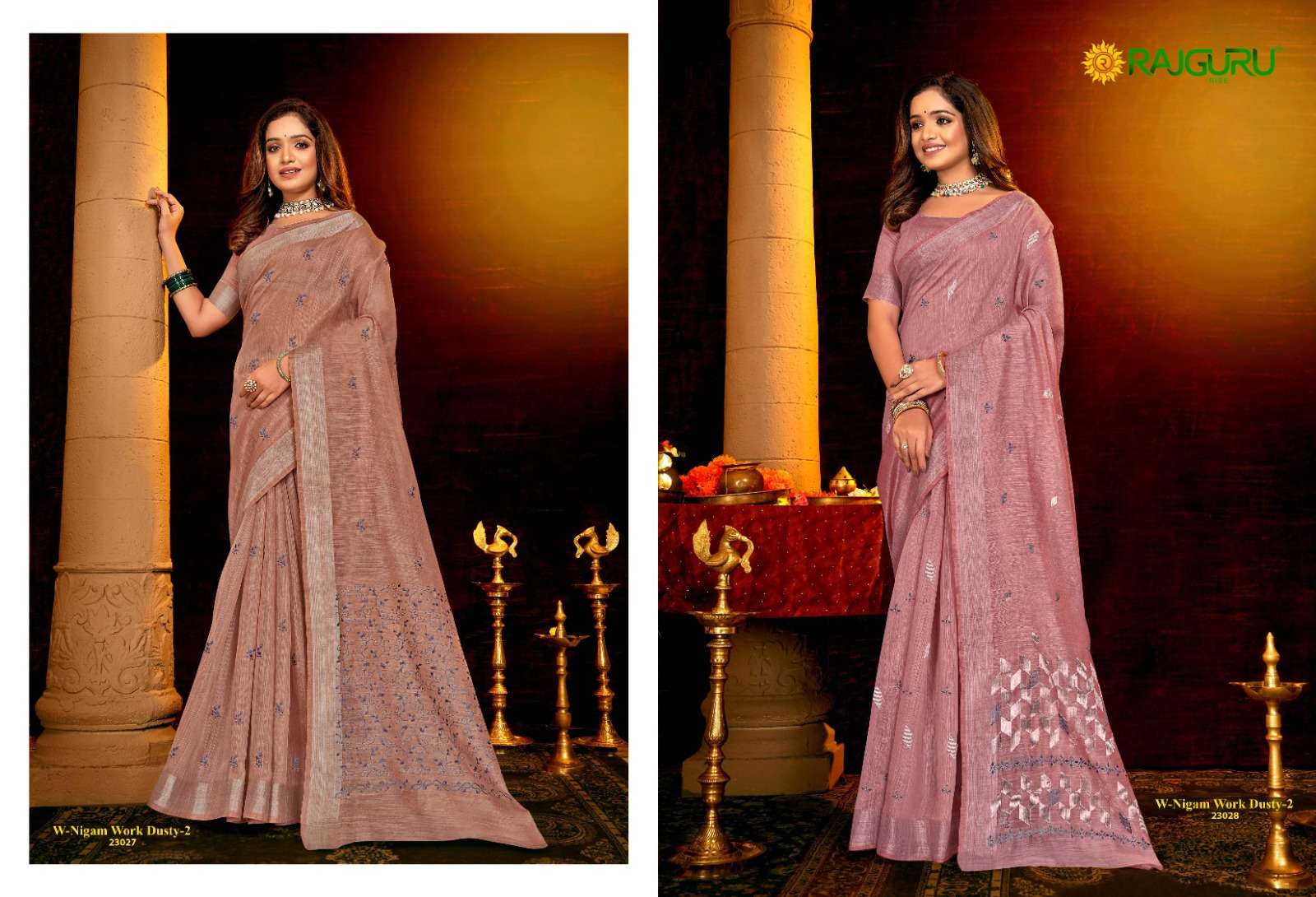 RAJGURU PRESENTS NIGAM WORK DUSTY-2 DESIGNER FANCY SAREES WITH DOUBLE BLOUSE CATALOG WHOLESALER AND EXPORTER IN SURAT 