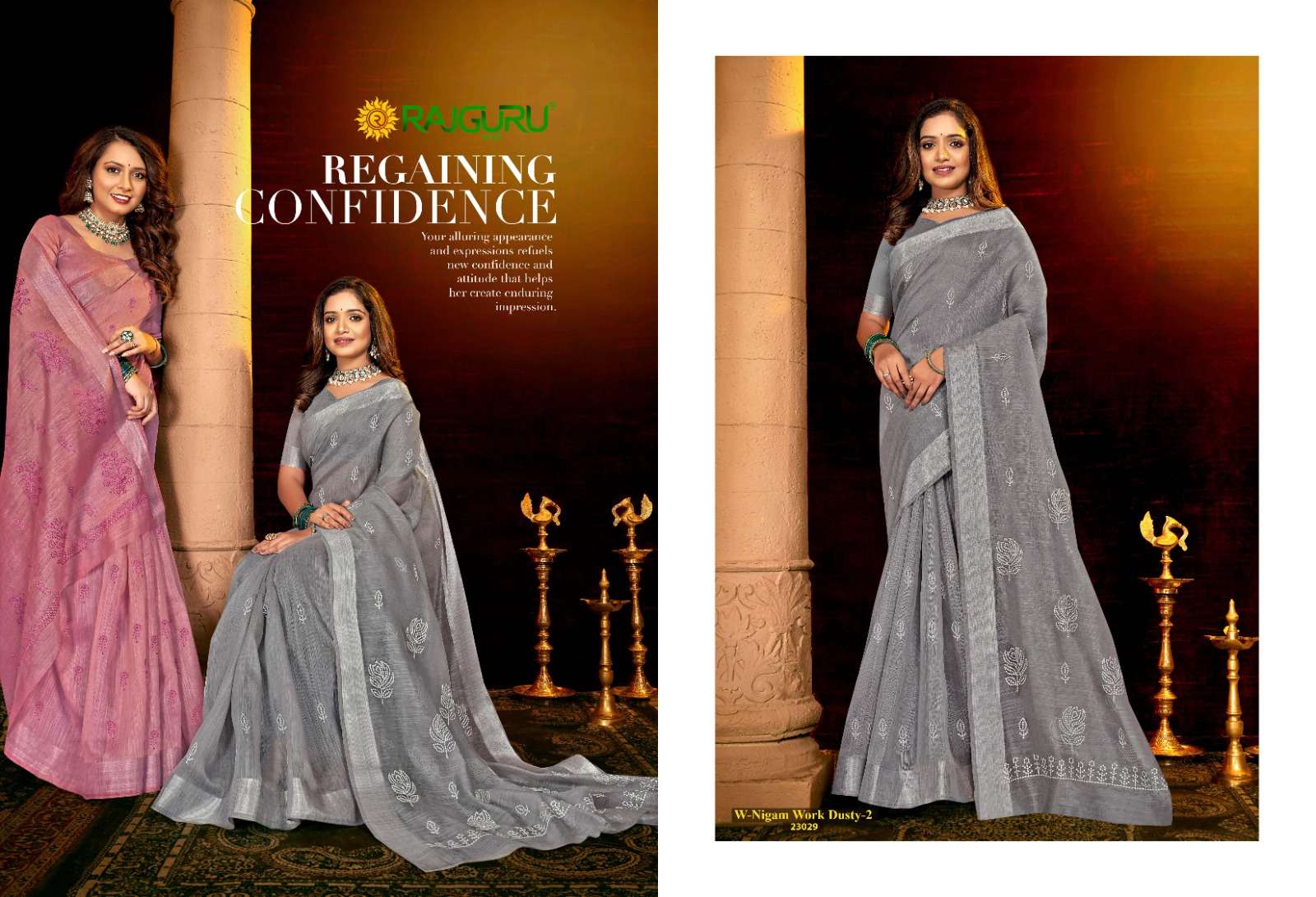 RAJGURU PRESENTS NIGAM WORK DUSTY-2 DESIGNER FANCY SAREES WITH DOUBLE BLOUSE CATALOG WHOLESALER AND EXPORTER IN SURAT 