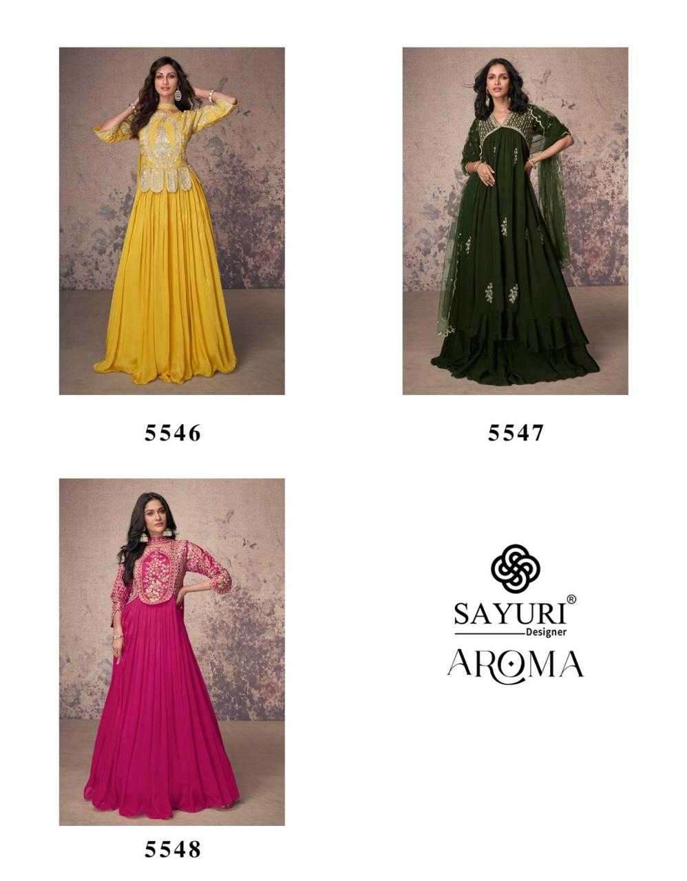 SAYURI DESIGNER PRESENTS AROMA PREMIUM CHINON SILK FULLY STITCH 3PCS DRESS  CATALOG WHOLESALER AND EXPORTER 