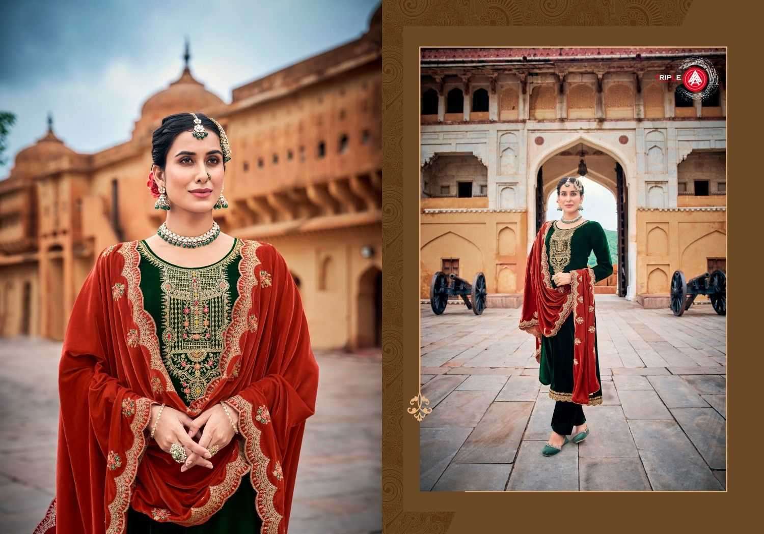TRIPLE A PRESENTS ALAKHNANDA VELVET AMAZING WORK WINTER FULLY STITCH DESIGNER 3PCS  SALWAR SUITS CATALOG WHOLESALER AND EXPORTER