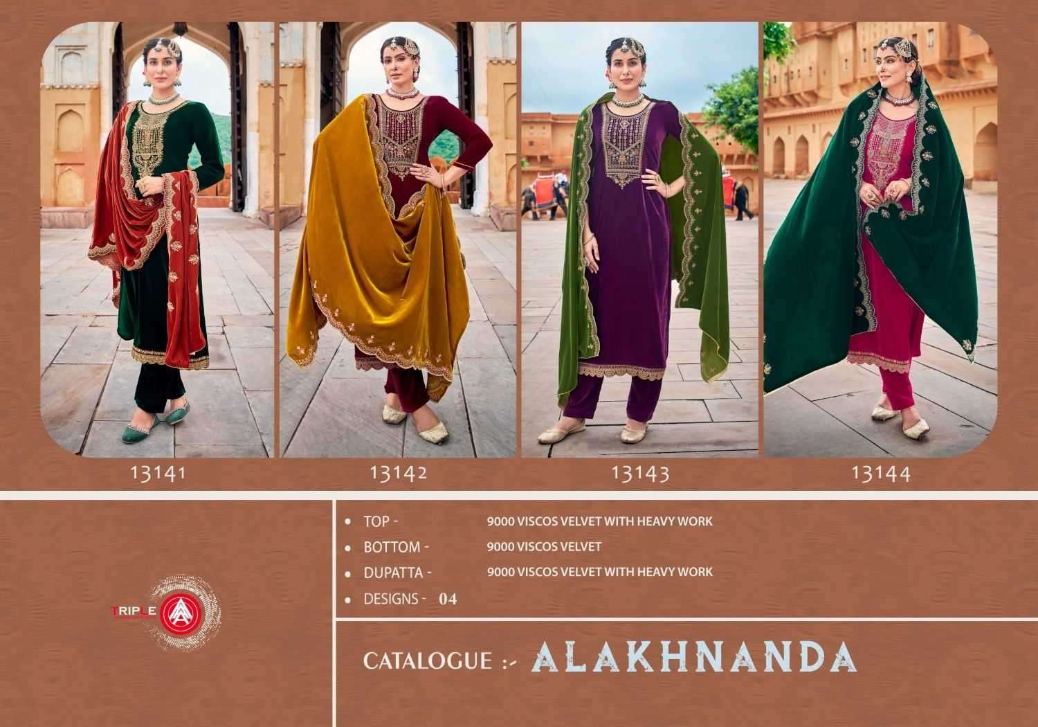 TRIPLE A PRESENTS ALAKHNANDA VELVET AMAZING WORK WINTER FULLY STITCH DESIGNER 3PCS  SALWAR SUITS CATALOG WHOLESALER AND EXPORTER