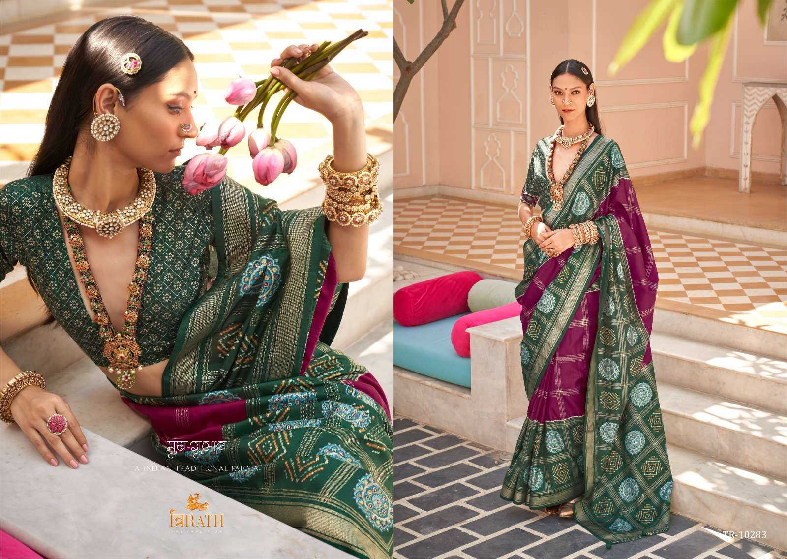 TRIRATH PRESENT GULAB PATOLA DESIGNER WEDDING WEAR SAREES CATALOG WHOLESALER AND EXPORTER IN SURAT  
