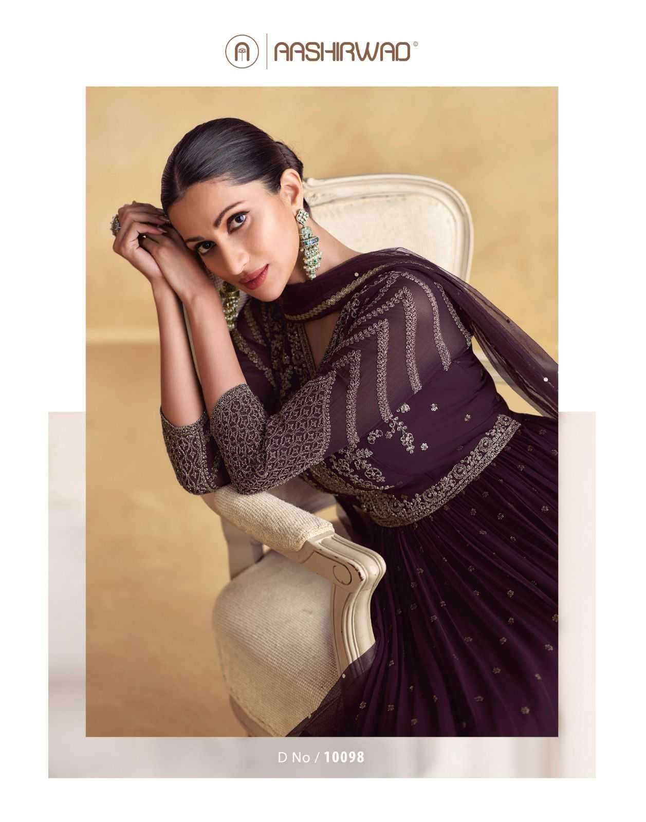 AASHIRWAD CREATION PRESENTS ALFAAZ 10095-10098 CHINNON SILK READYMADE PARTY WEAR SUITS CATALOG WHOLESALER AND EXPORTER IN SURAT