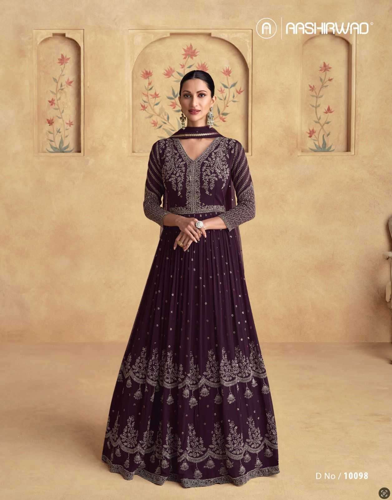 AASHIRWAD CREATION PRESENTS ALFAAZ 10095-10098 CHINNON SILK READYMADE PARTY WEAR SUITS CATALOG WHOLESALER AND EXPORTER IN SURAT