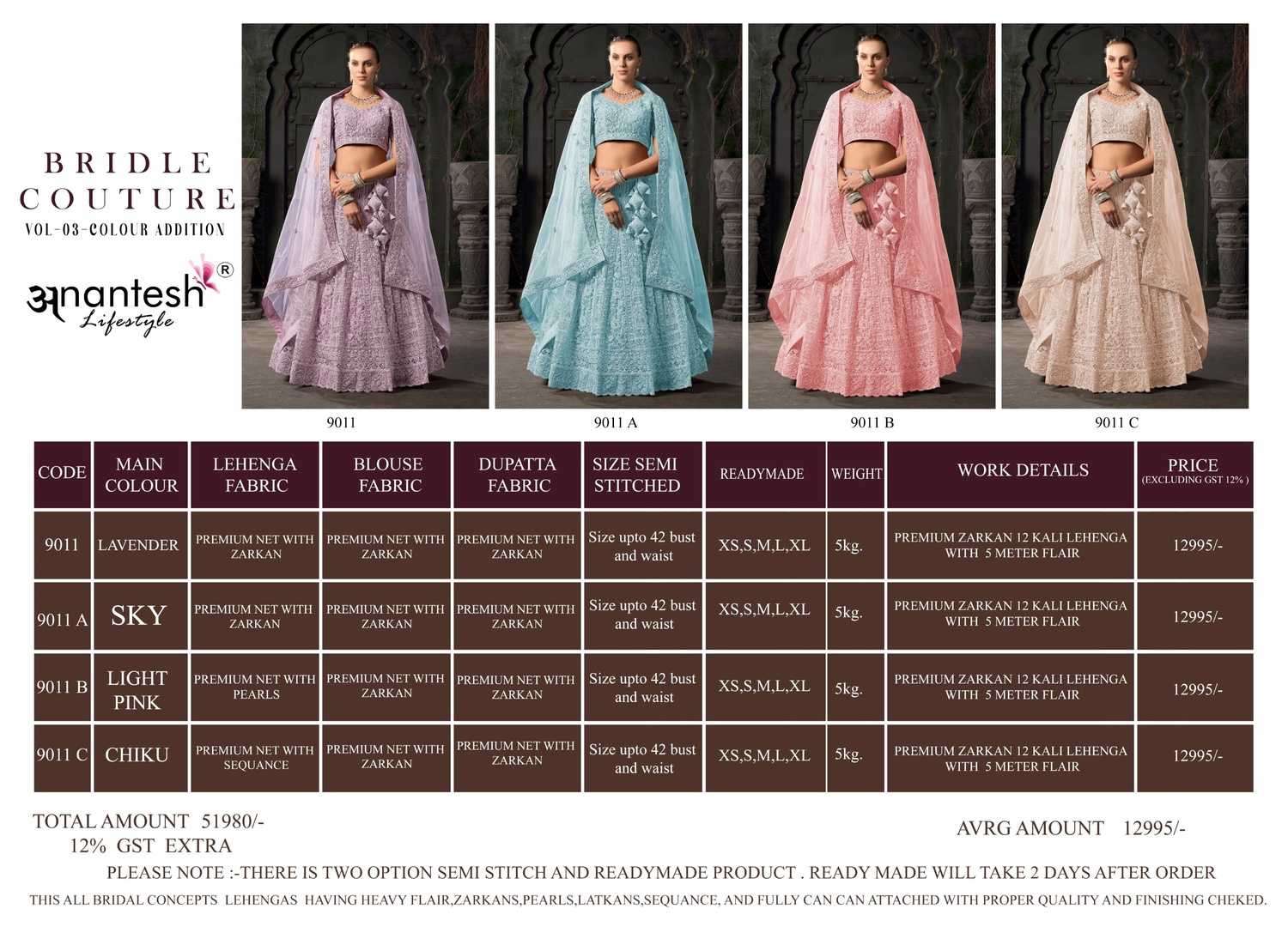 ANANTESH LIFESTYLE PRESENTS BRIDLE COUTURE VOL-3 9011 ZARKANS MIRROR FULL STITCH BRIDAL CHANIYA CHOLI CATALOG WHOLESALER AND EXPORTER IN SURAT