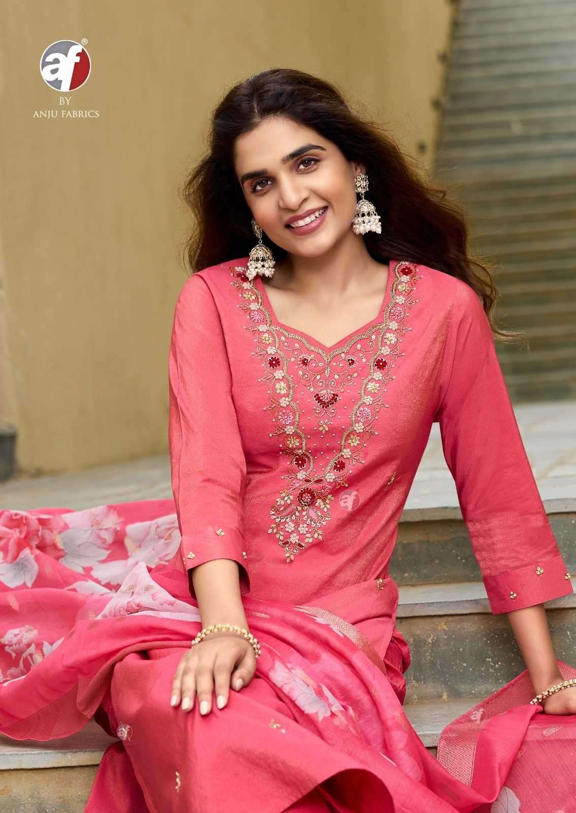 ANJU FAB ORESENTS MAYRA VOL-5 BLENDED SHIMMER HANDWORK READYMADE CLASSIC 3PCS DRESS CATALOG WHOLESALER AND EXPORTER 