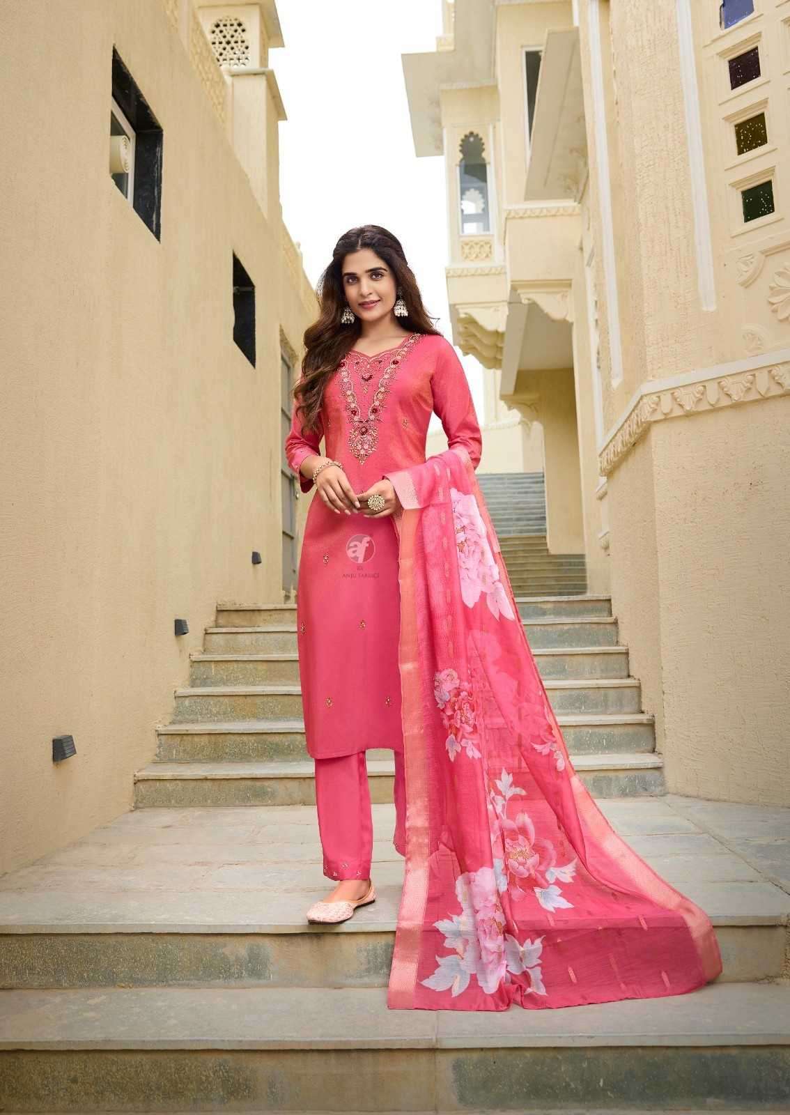 ANJU FAB ORESENTS MAYRA VOL-5 BLENDED SHIMMER HANDWORK READYMADE CLASSIC 3PCS DRESS CATALOG WHOLESALER AND EXPORTER 