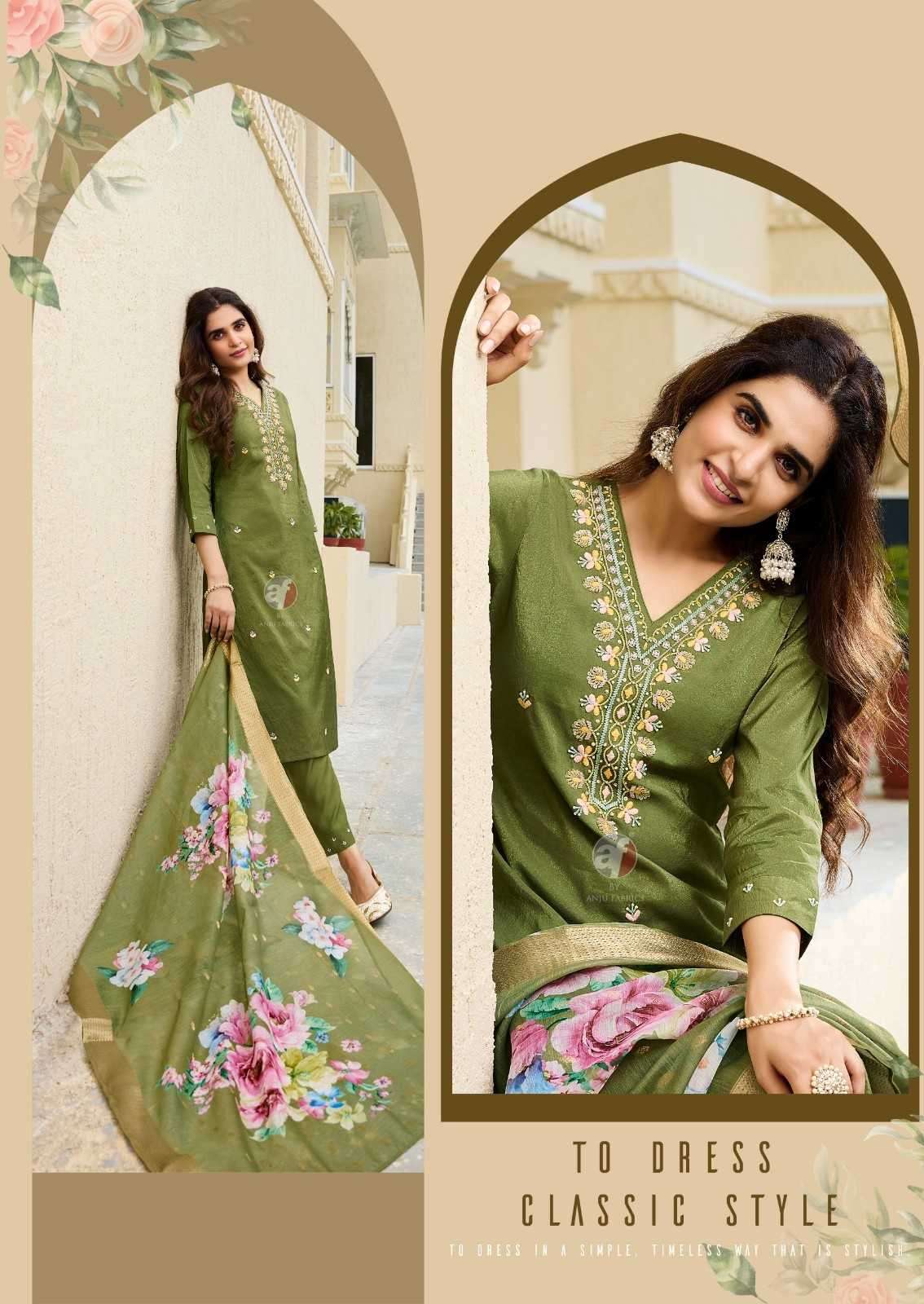 ANJU FAB ORESENTS MAYRA VOL-5 BLENDED SHIMMER HANDWORK READYMADE CLASSIC 3PCS DRESS CATALOG WHOLESALER AND EXPORTER 