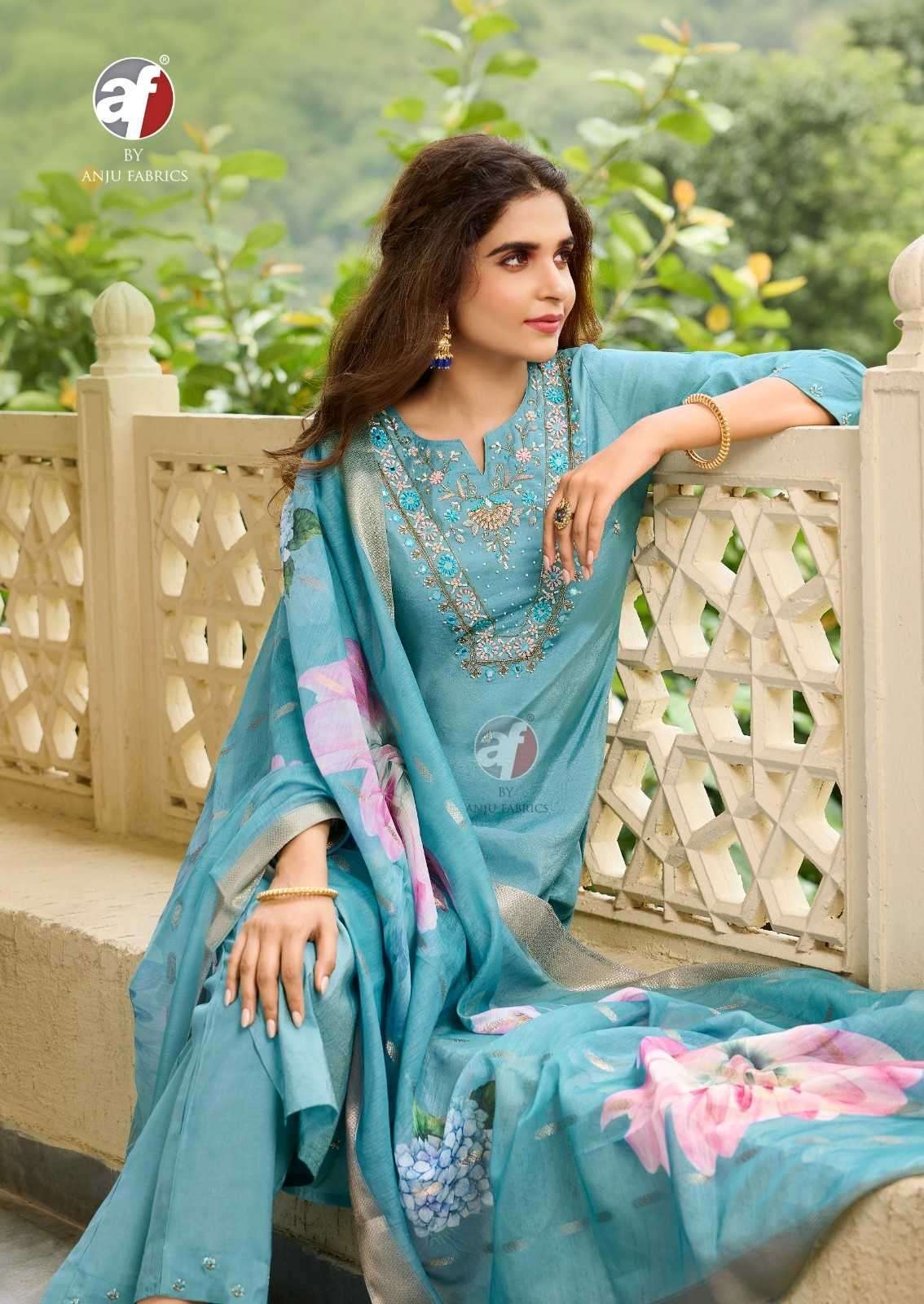 ANJU FAB ORESENTS MAYRA VOL-5 BLENDED SHIMMER HANDWORK READYMADE CLASSIC 3PCS DRESS CATALOG WHOLESALER AND EXPORTER 