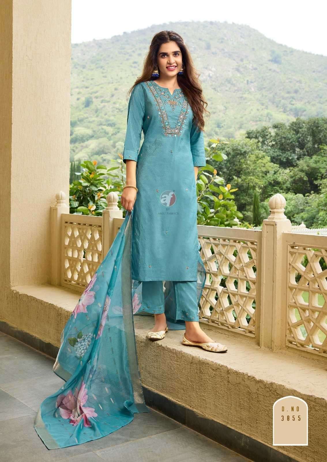 ANJU FAB ORESENTS MAYRA VOL-5 BLENDED SHIMMER HANDWORK READYMADE CLASSIC 3PCS DRESS CATALOG WHOLESALER AND EXPORTER 