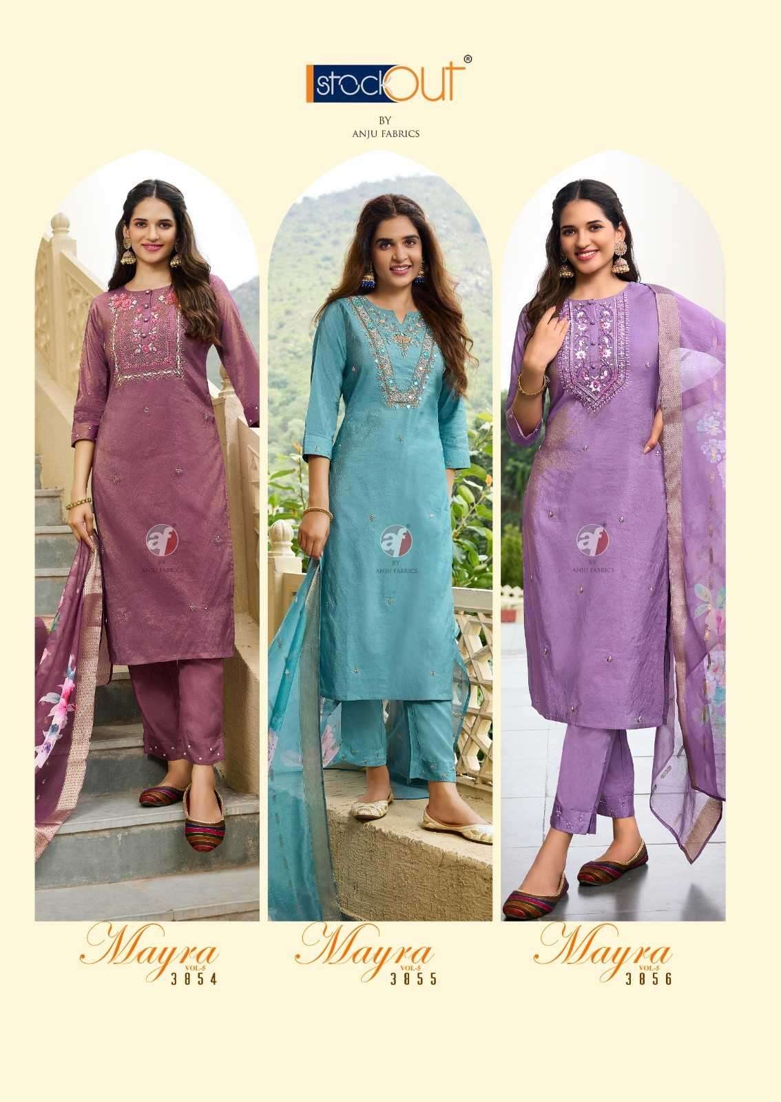 ANJU FAB ORESENTS MAYRA VOL-5 BLENDED SHIMMER HANDWORK READYMADE CLASSIC 3PCS DRESS CATALOG WHOLESALER AND EXPORTER 