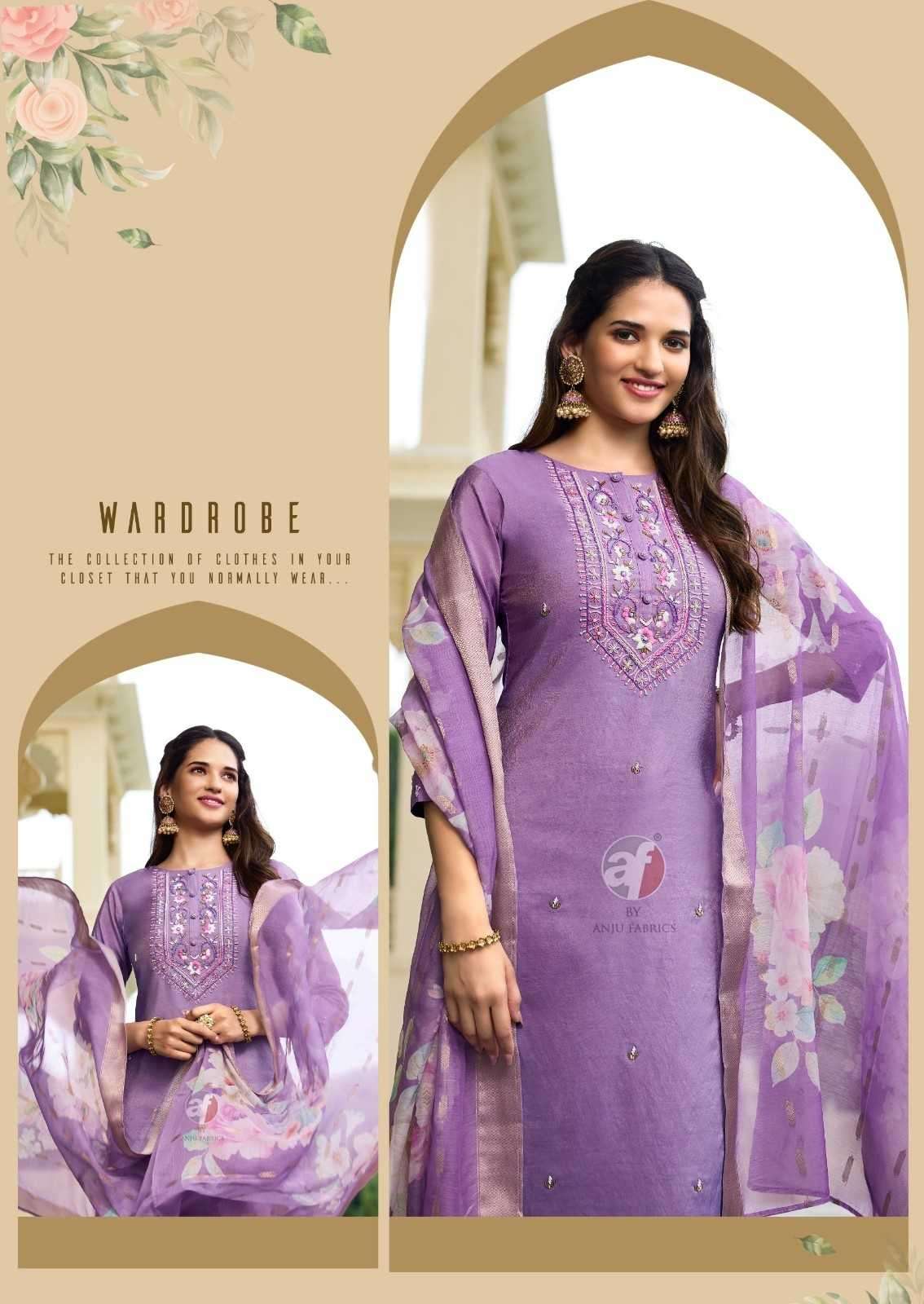 ANJU FAB ORESENTS MAYRA VOL-5 BLENDED SHIMMER HANDWORK READYMADE CLASSIC 3PCS DRESS CATALOG WHOLESALER AND EXPORTER 