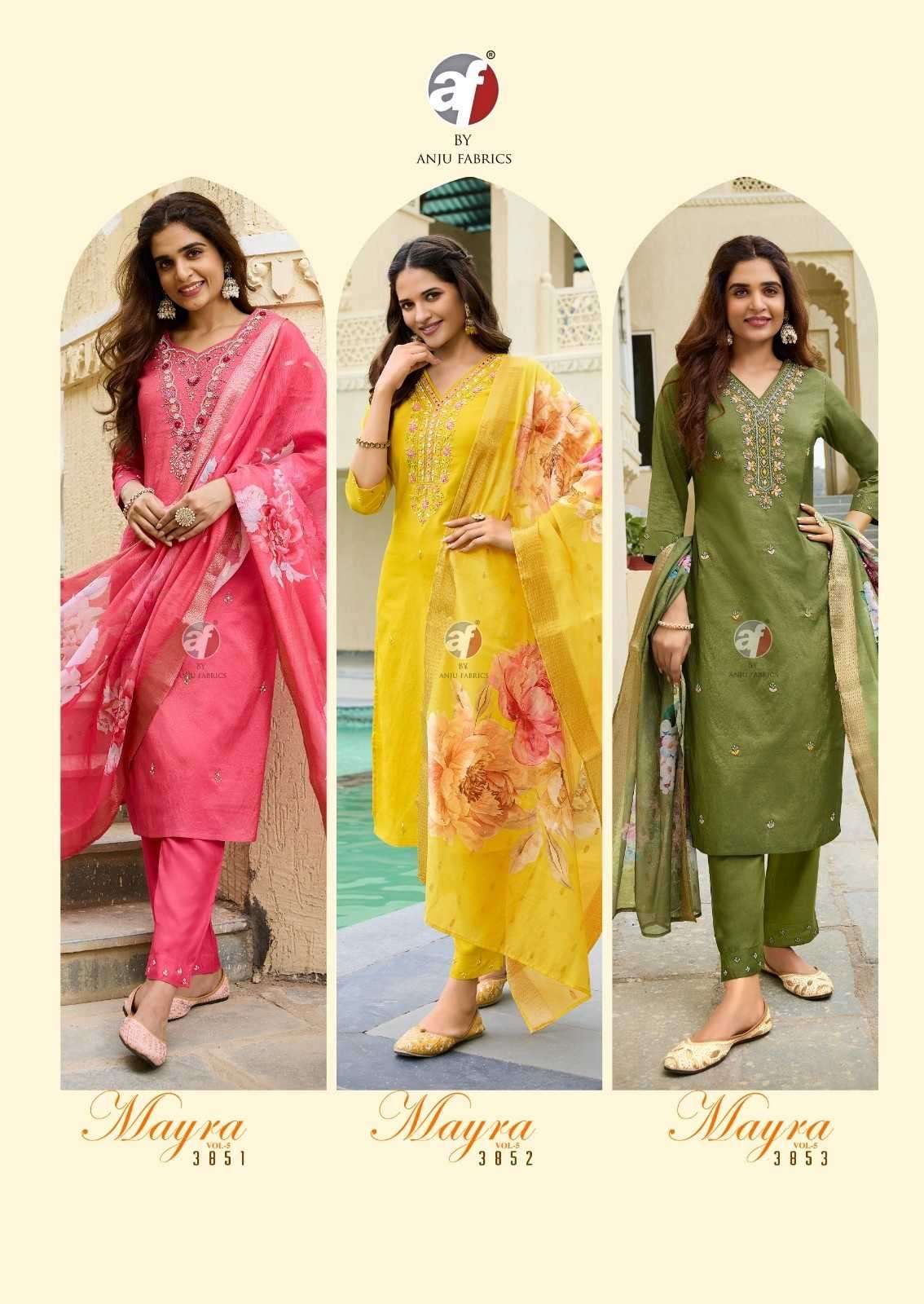 ANJU FAB ORESENTS MAYRA VOL-5 BLENDED SHIMMER HANDWORK READYMADE CLASSIC 3PCS DRESS CATALOG WHOLESALER AND EXPORTER 