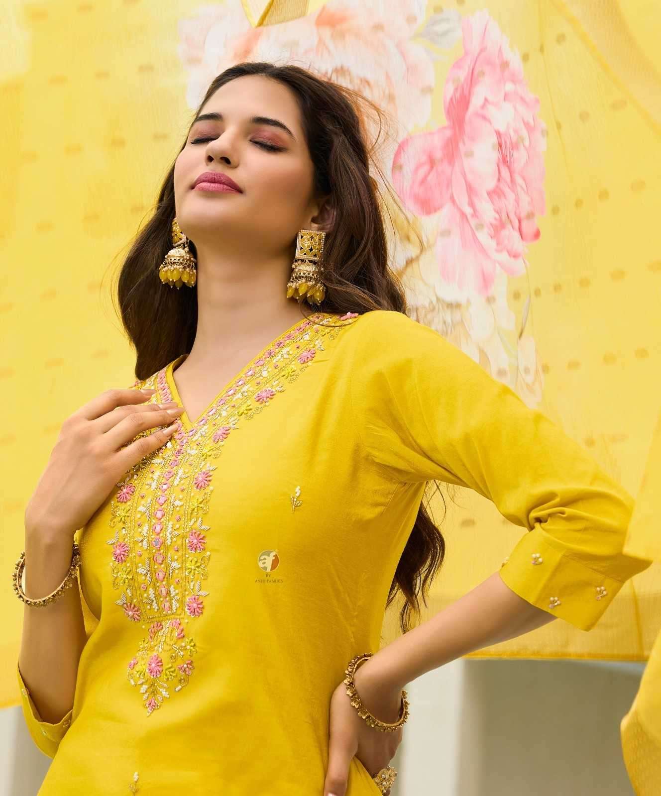 ANJU FAB ORESENTS MAYRA VOL-5 BLENDED SHIMMER HANDWORK READYMADE CLASSIC 3PCS DRESS CATALOG WHOLESALER AND EXPORTER 