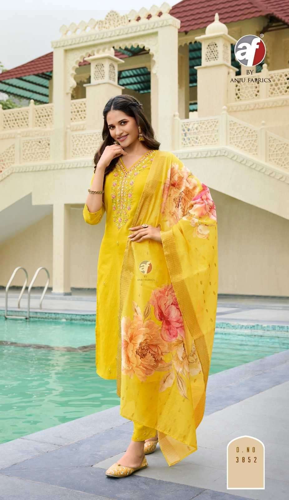ANJU FAB ORESENTS MAYRA VOL-5 BLENDED SHIMMER HANDWORK READYMADE CLASSIC 3PCS DRESS CATALOG WHOLESALER AND EXPORTER 