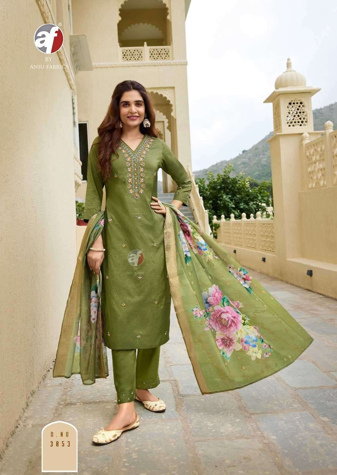 ANJU FAB ORESENTS MAYRA VOL-5 BLENDED SHIMMER HANDWORK READYMADE CLASSIC 3PCS DRESS CATALOG WHOLESALER AND EXPORTER 