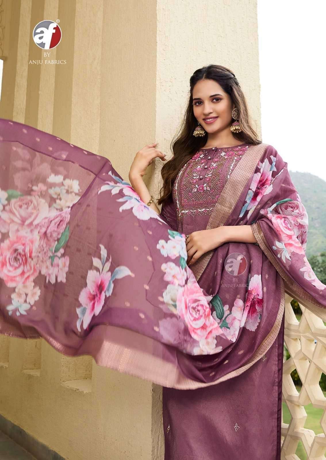 ANJU FAB ORESENTS MAYRA VOL-5 BLENDED SHIMMER HANDWORK READYMADE CLASSIC 3PCS DRESS CATALOG WHOLESALER AND EXPORTER 