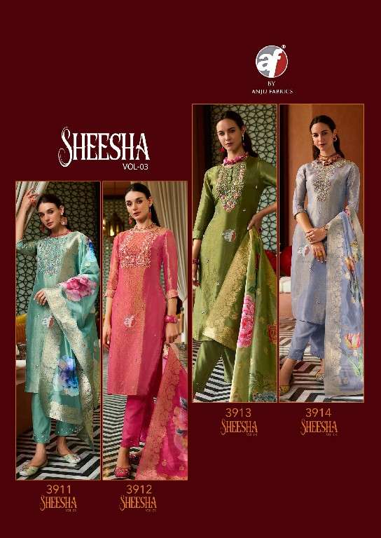 ANJU FAB PRESENTS SHEESHA VOL-3 TISSUE SHIMMER FULL STITCH BIG SIZE PARTY WEAR 3PCS DRESS CATALOG WHOLESALER AND EXPORTER 