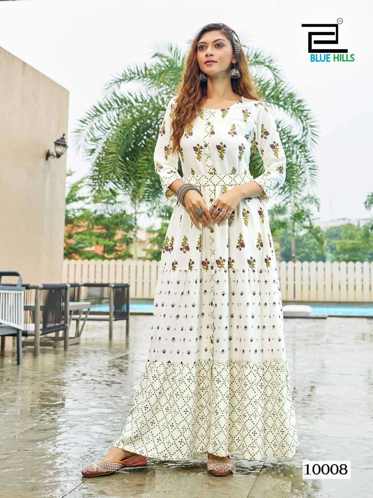  BLUE HILLS PRESENTS BOURNVILLA VOL-10 PRINT RAYON READYMADE BIG SIZE FRILL GOWN STYLE KURTIS CATALOG WHOLESALER AND EXPORTER IN SURAT