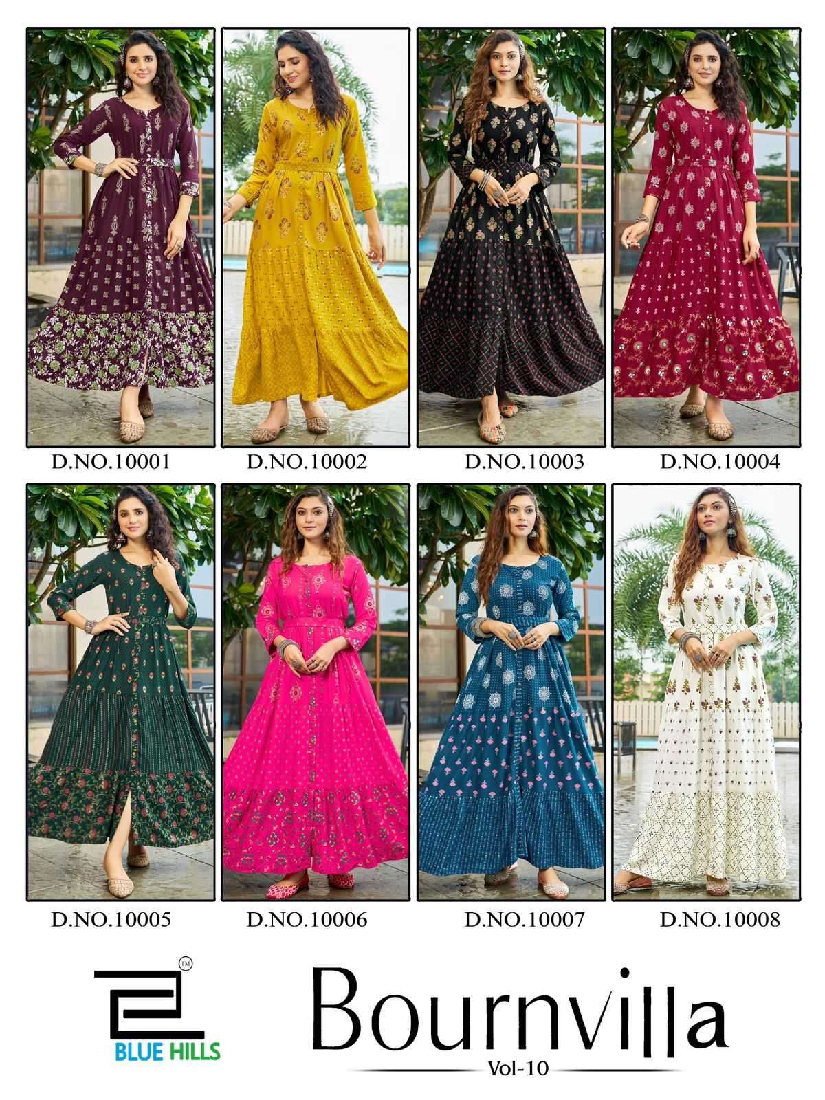  BLUE HILLS PRESENTS BOURNVILLA VOL-10 PRINT RAYON READYMADE BIG SIZE FRILL GOWN STYLE KURTIS CATALOG WHOLESALER AND EXPORTER IN SURAT