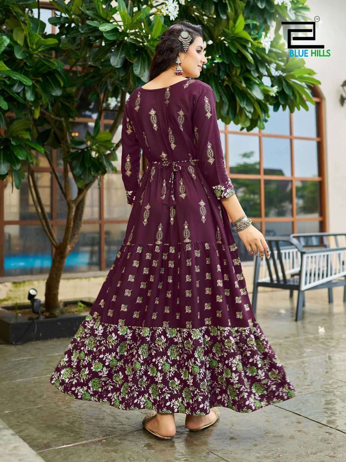  BLUE HILLS PRESENTS BOURNVILLA VOL-10 PRINT RAYON READYMADE BIG SIZE FRILL GOWN STYLE KURTIS CATALOG WHOLESALER AND EXPORTER IN SURAT