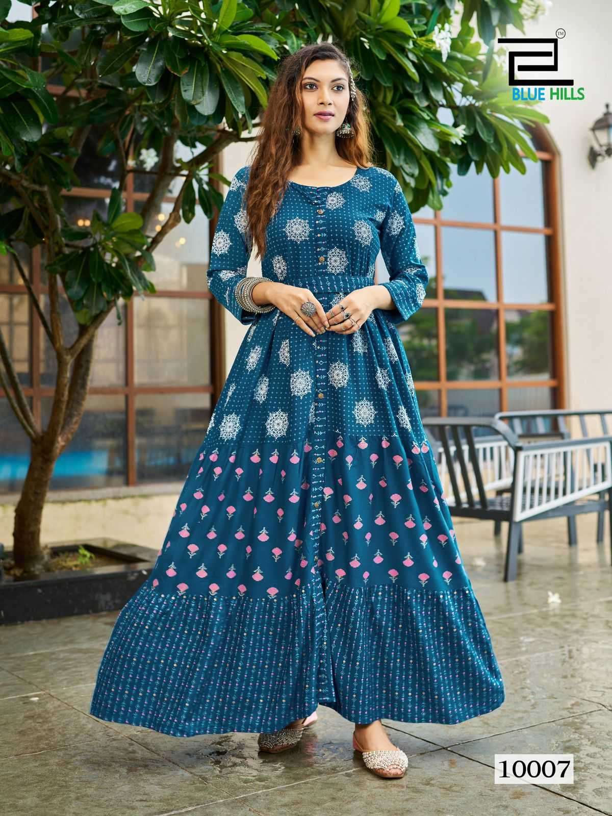  BLUE HILLS PRESENTS BOURNVILLA VOL-10 PRINT RAYON READYMADE BIG SIZE FRILL GOWN STYLE KURTIS CATALOG WHOLESALER AND EXPORTER IN SURAT