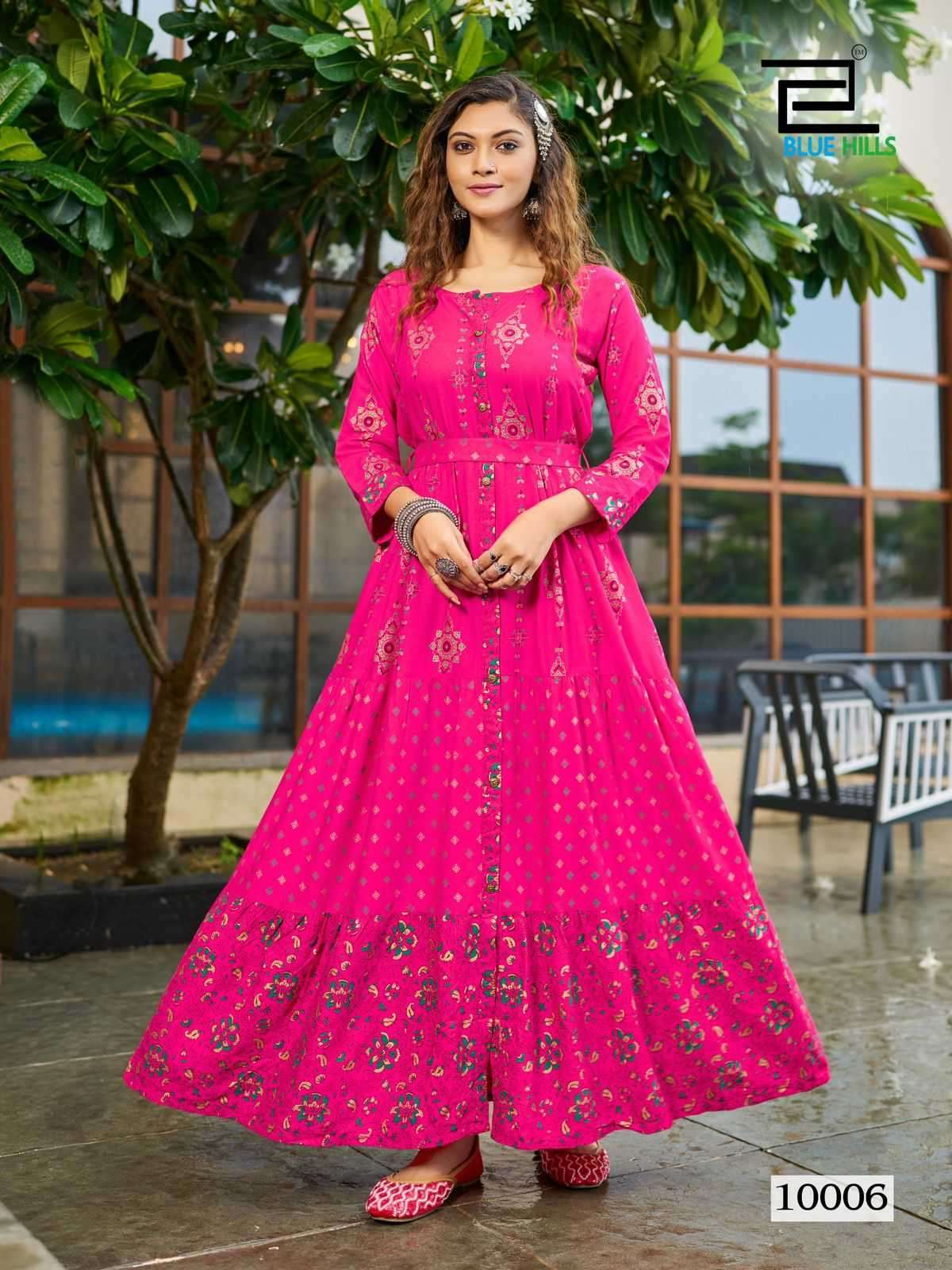  BLUE HILLS PRESENTS BOURNVILLA VOL-10 PRINT RAYON READYMADE BIG SIZE FRILL GOWN STYLE KURTIS CATALOG WHOLESALER AND EXPORTER IN SURAT