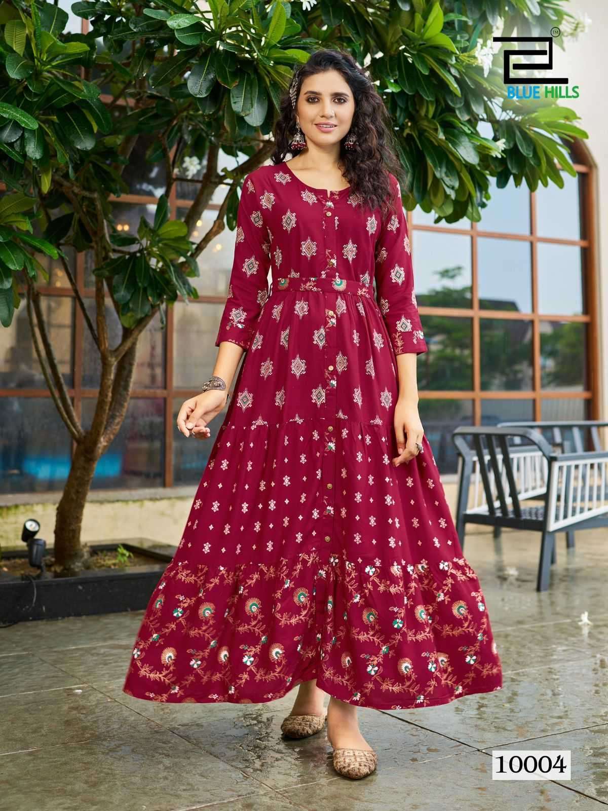  BLUE HILLS PRESENTS BOURNVILLA VOL-10 PRINT RAYON READYMADE BIG SIZE FRILL GOWN STYLE KURTIS CATALOG WHOLESALER AND EXPORTER IN SURAT